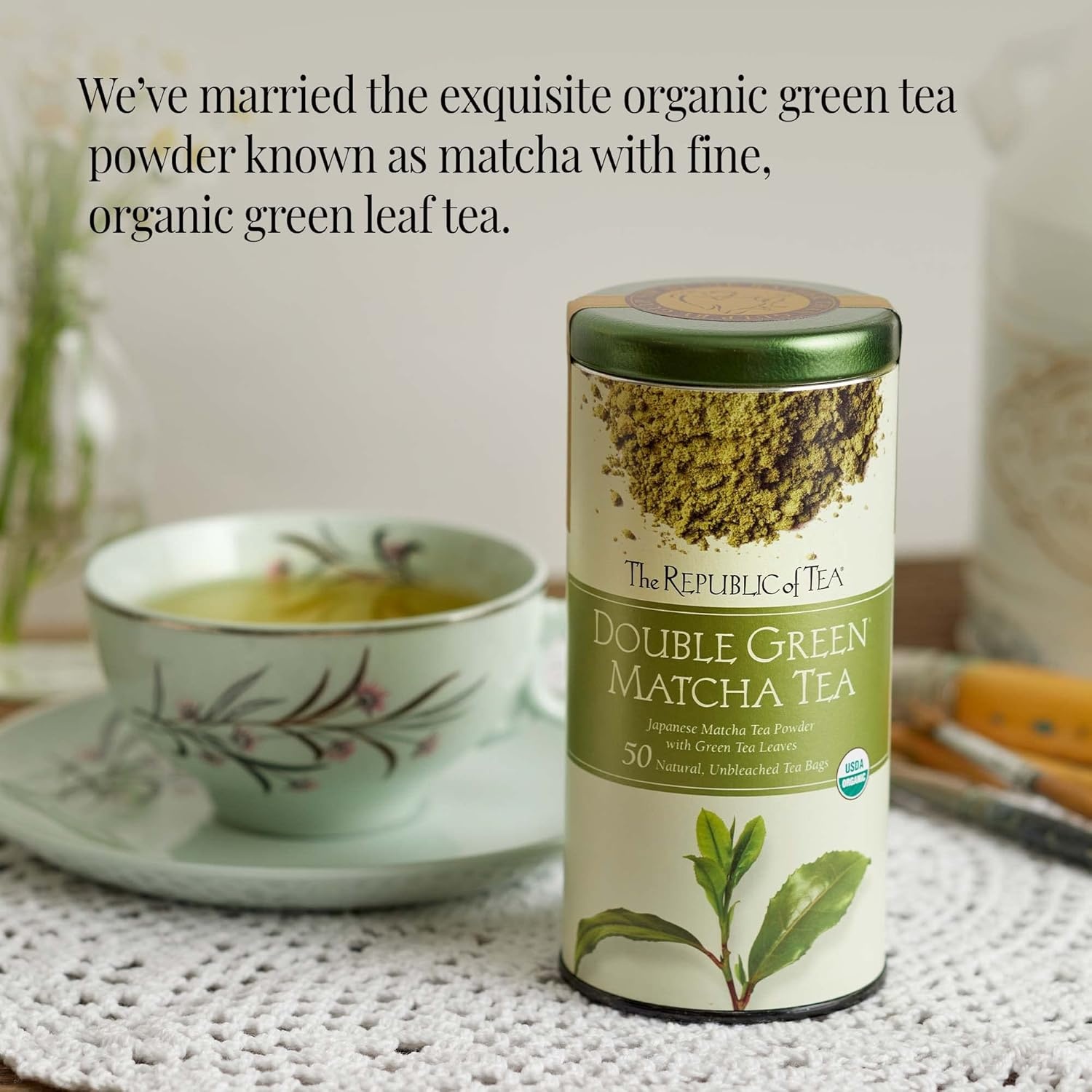 image:imageThe Republic of Tea Organic Double Green Matcha Individual Tea Bags with Japanese Matcha Tea Powder and Green Tea Leaves Blend Natural Unbleached Bags in Reusable Tin Canister 50 Tea Bags100 Tea Bags