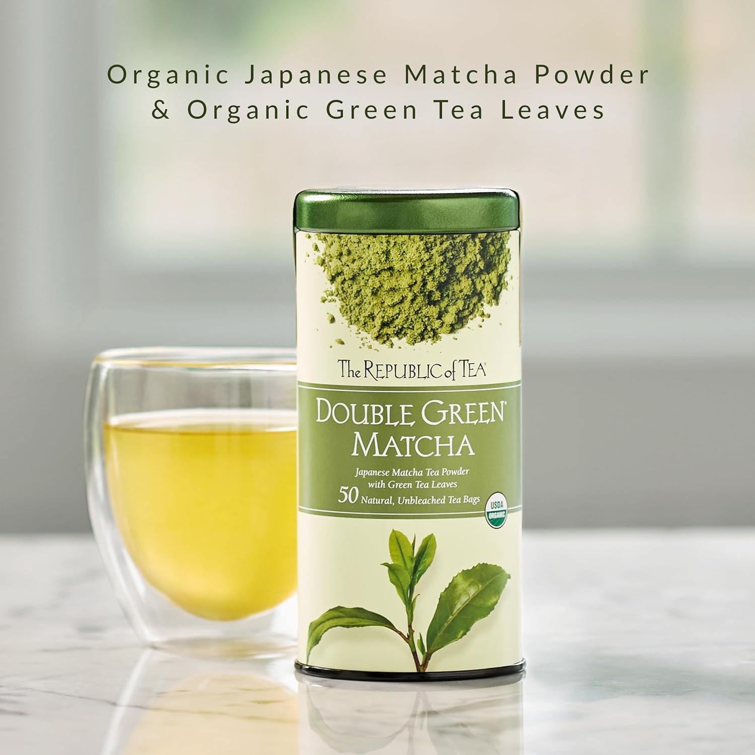 image:imageThe Republic of Tea Organic Double Green Matcha Individual Tea Bags with Japanese Matcha Tea Powder and Green Tea Leaves Blend Natural Unbleached Bags in Reusable Tin Canister 50 Tea Bags50 Count Pack of 1