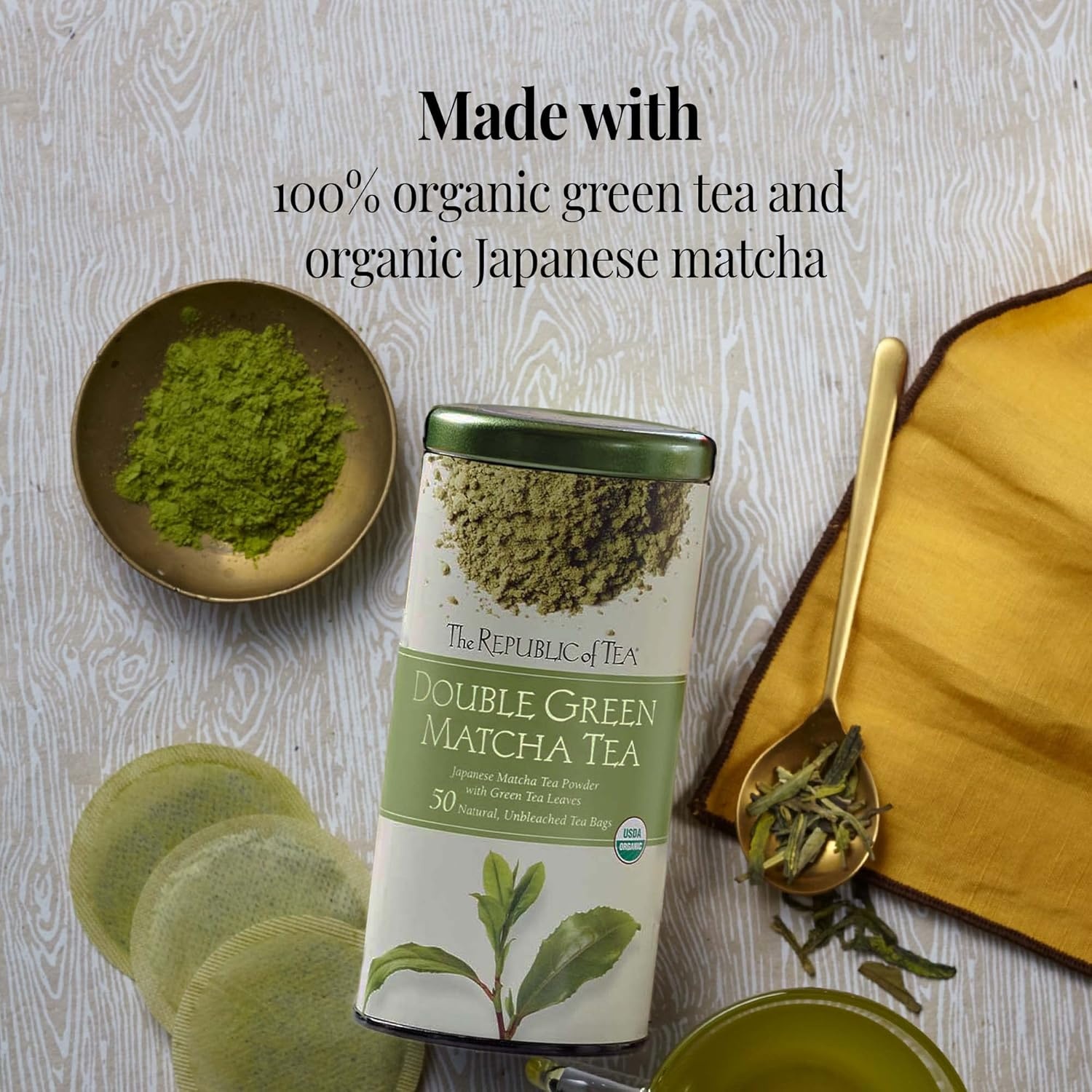 image:imageThe Republic of Tea Organic Double Green Matcha Individual Tea Bags with Japanese Matcha Tea Powder and Green Tea Leaves Blend Natural Unbleached Bags in Reusable Tin Canister 50 Tea Bags100 Tea Bags