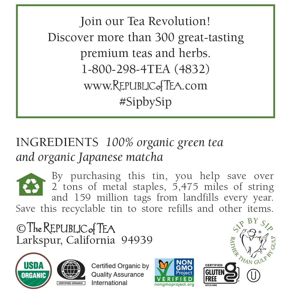 image:imageThe Republic of Tea Organic Double Green Matcha Individual Tea Bags with Japanese Matcha Tea Powder and Green Tea Leaves Blend Natural Unbleached Bags in Reusable Tin Canister 50 Tea Bags50 Count Pack of 2