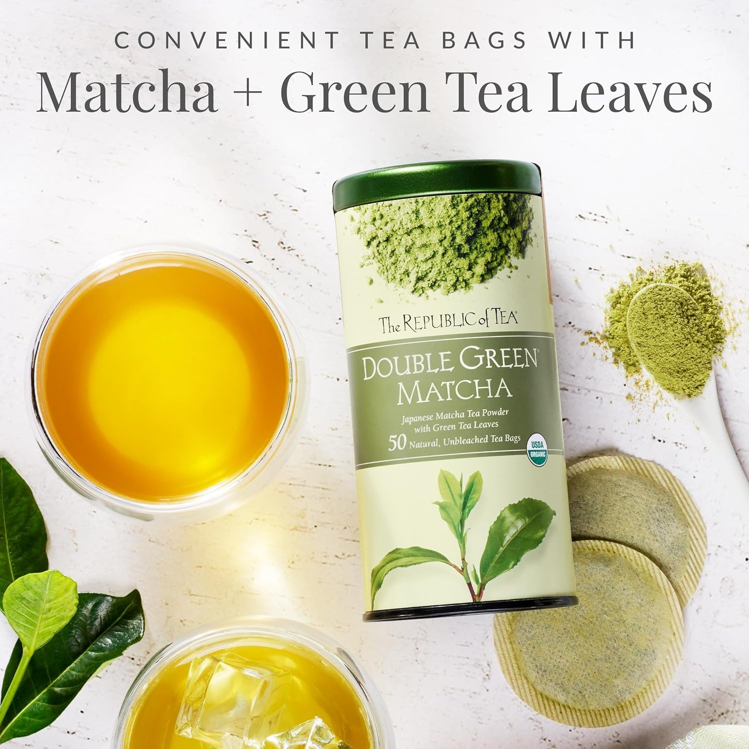 image:imageThe Republic of Tea Organic Double Green Matcha Individual Tea Bags with Japanese Matcha Tea Powder and Green Tea Leaves Blend Natural Unbleached Bags in Reusable Tin Canister 50 Tea Bags50 Count Pack of 2