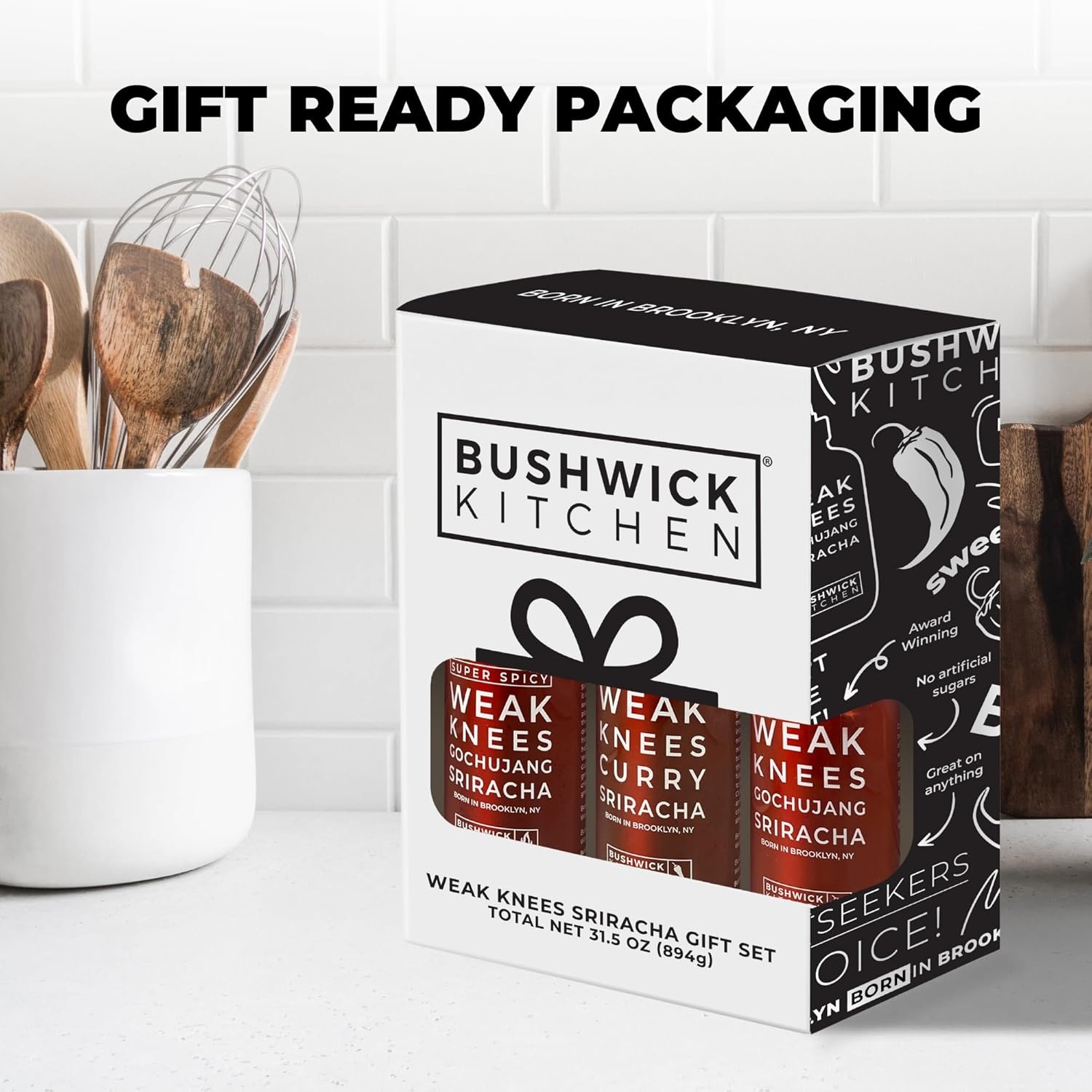 image:imageWeak Knees Gochujang Sriracha Hot Sauce Infused with Bold Korean Gochujang Paste amp Classic Spicy Sriracha for Noodles Rice amp Marinades Made in the USA 105oz Squeeze BottleSriracha Sampler Gift Set