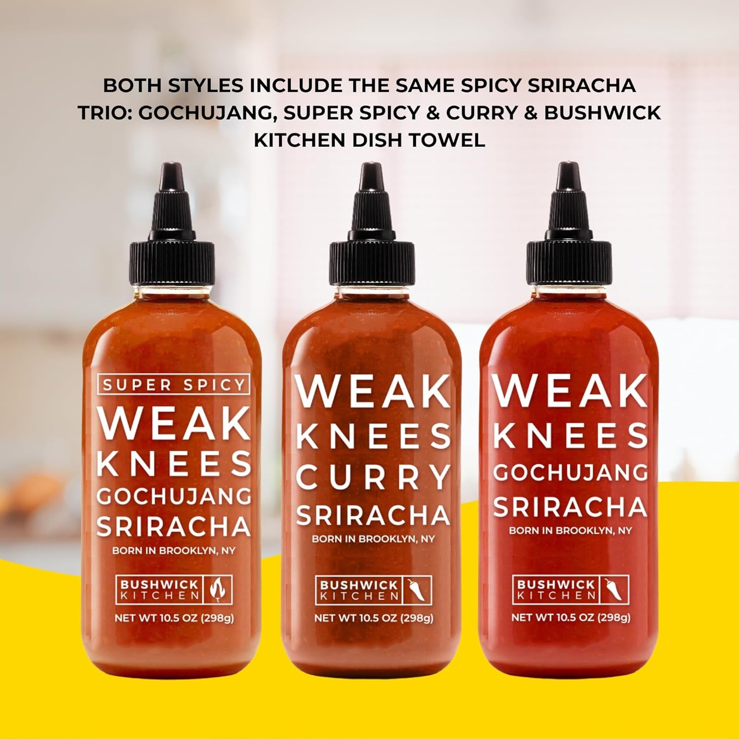 image:imageWeak Knees Gochujang Sriracha Hot Sauce Infused with Bold Korean Gochujang Paste amp Classic Spicy Sriracha for Noodles Rice amp Marinades Made in the USA 105oz Squeeze BottleSriracha Sampler Gift Set
