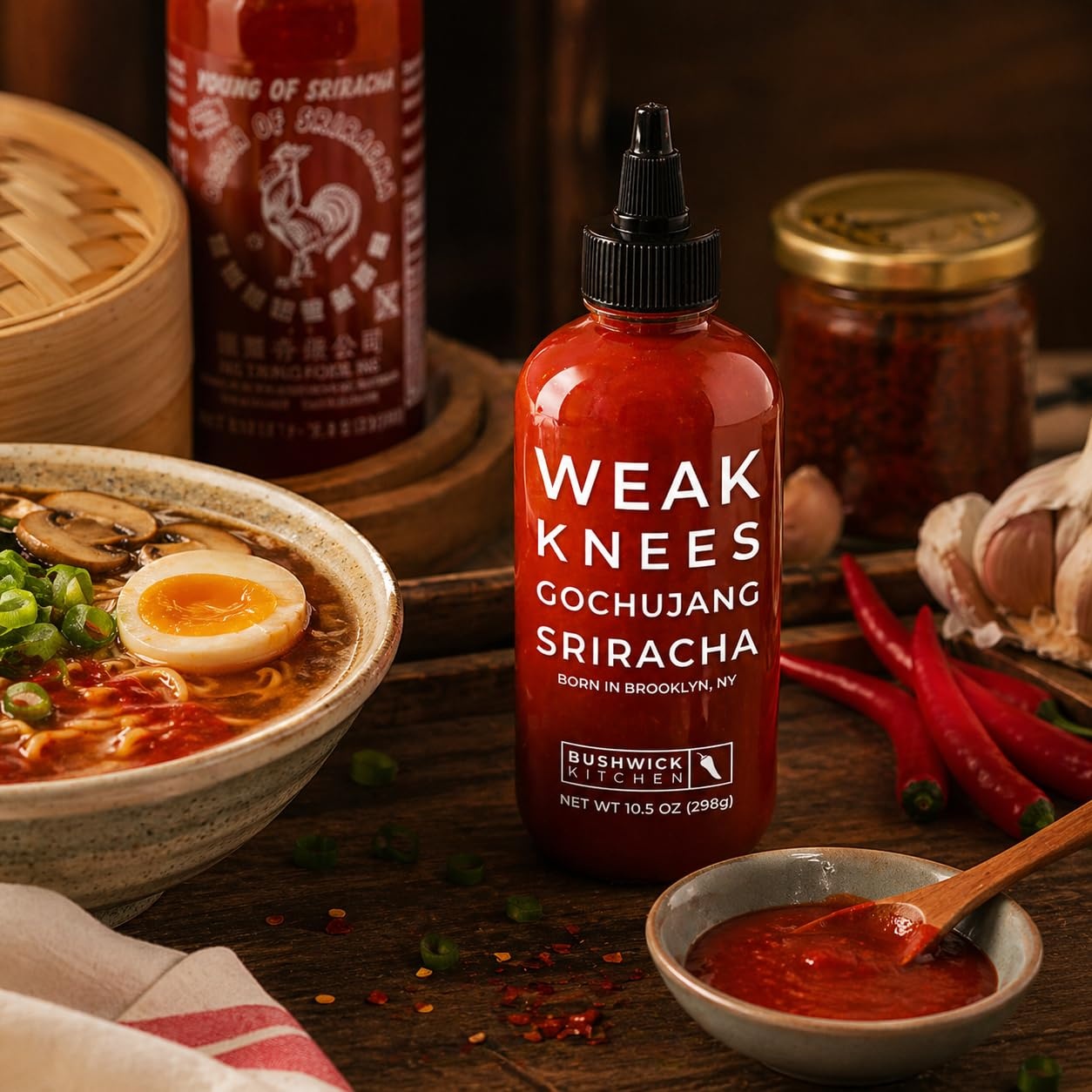 image:imageWeak Knees Gochujang Sriracha Hot Sauce Infused with Bold Korean Gochujang Paste amp Classic Spicy Sriracha for Noodles Rice amp Marinades Made in the USA 105oz Squeeze BottleGochujang Sriracha 105oz