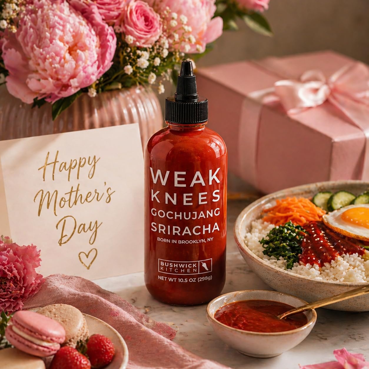 image:imageWeak Knees Gochujang Sriracha Hot Sauce Infused with Bold Korean Gochujang Paste amp Classic Spicy Sriracha for Noodles Rice amp Marinades Made in the USA 105oz Squeeze BottleGochujang Sriracha 105oz
