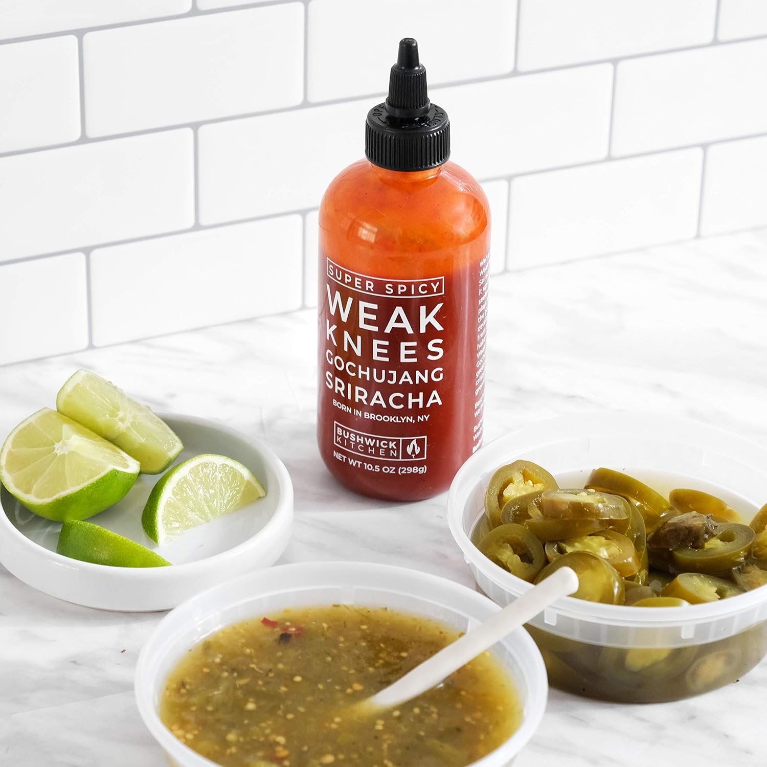 image:imageWeak Knees Gochujang Sriracha Hot Sauce Infused with Bold Korean Gochujang Paste amp Classic Spicy Sriracha for Noodles Rice amp Marinades Made in the USA 105oz Squeeze BottleSuper Spicy Sriracha 105oz
