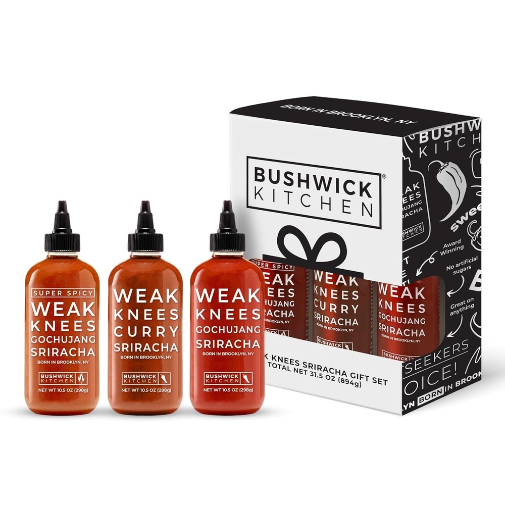 image:imageWeak Knees Gochujang Sriracha Hot Sauce Infused with Bold Korean Gochujang Paste amp Classic Spicy Sriracha for Noodles Rice amp Marinades Made in the USA 105oz Squeeze BottleSriracha Sampler Gift Set