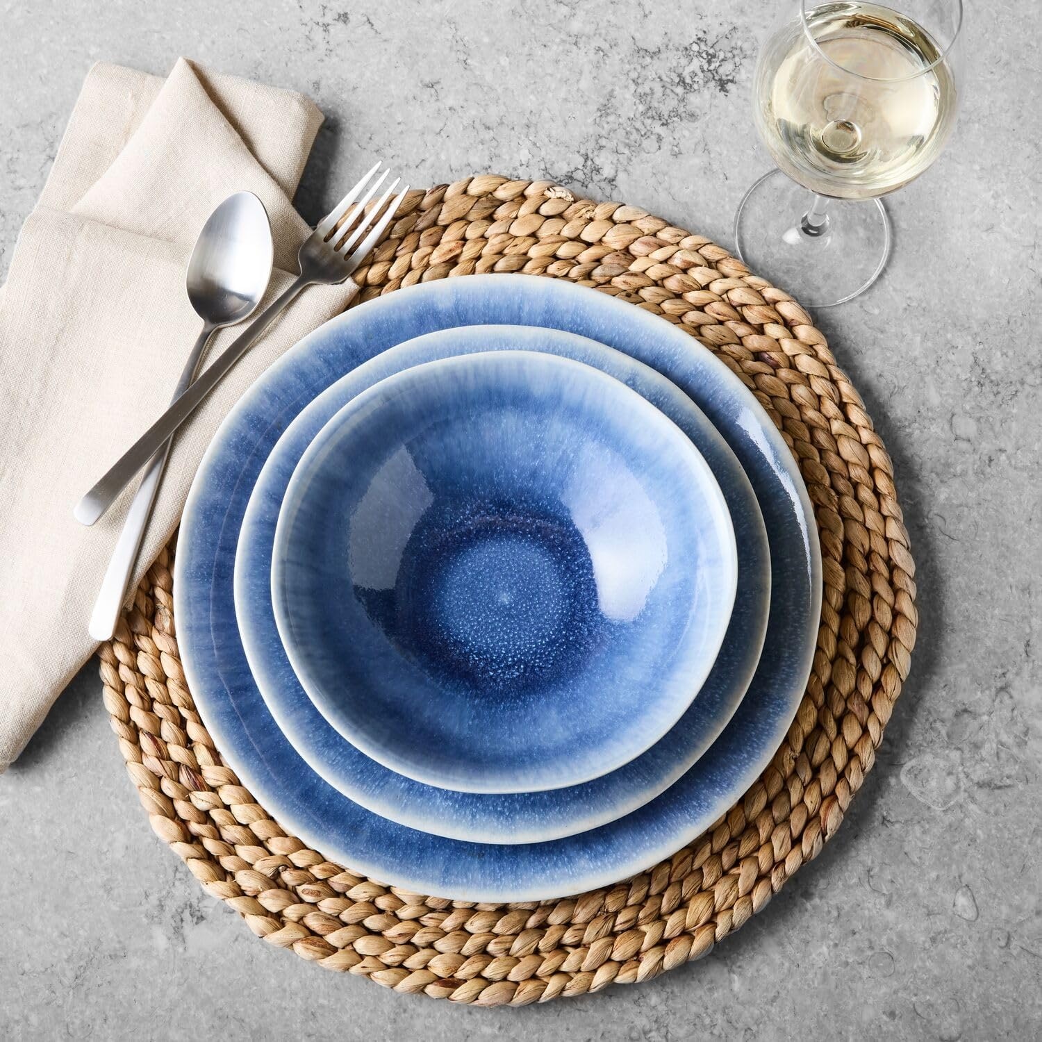 image:imageSur La Table Cloud Stoneware Dinnerware Set 12Piece Handcrafted Ceramic Collection Made in Portugal with Reactive Glaze Organic Design Dishwasher amp Microwave Blue