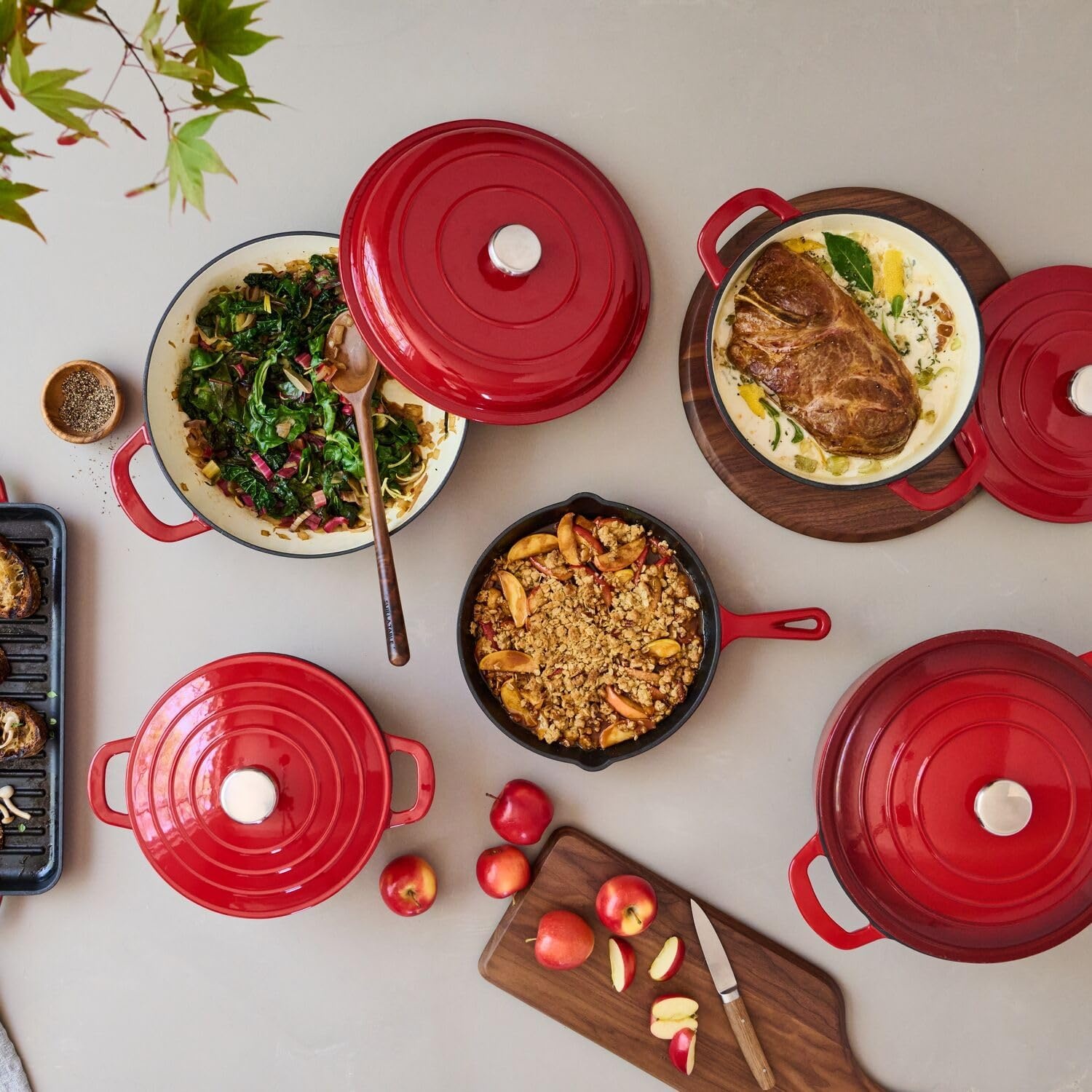 image:imageSur La Table Enameled Cast Iron Cookware Set Includes 5Qt amp 25Qt Dutch Ovens with Lids and 10 Skillet Oven to 500F Induction Compatible Essential Starter Gift Set BlueRed