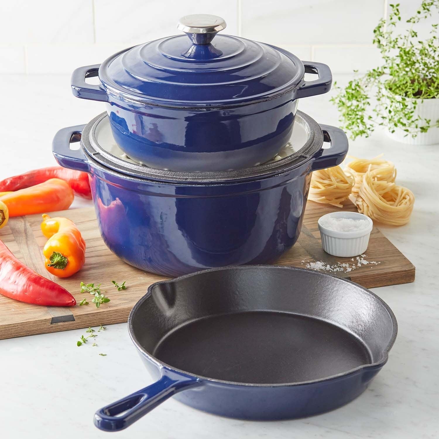 image:imageSur La Table Enameled Cast Iron Cookware Set Includes 5Qt amp 25Qt Dutch Ovens with Lids and 10 Skillet Oven to 500F Induction Compatible Essential Starter Gift Set BlueBlue