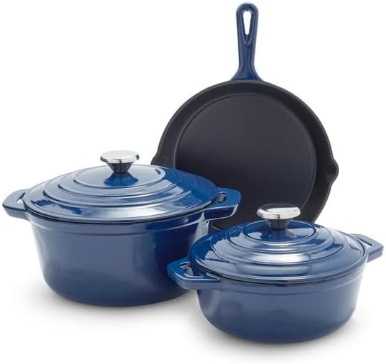 image:imageSur La Table Enameled Cast Iron Cookware Set Includes 5Qt amp 25Qt Dutch Ovens with Lids and 10 Skillet Oven to 500F Induction Compatible Essential Starter Gift Set BlueRed