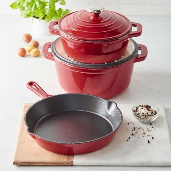 image:imageSur La Table Enameled Cast Iron Cookware Set Includes 5Qt amp 25Qt Dutch Ovens with Lids and 10 Skillet Oven to 500F Induction Compatible Essential Starter Gift Set BlueBlue