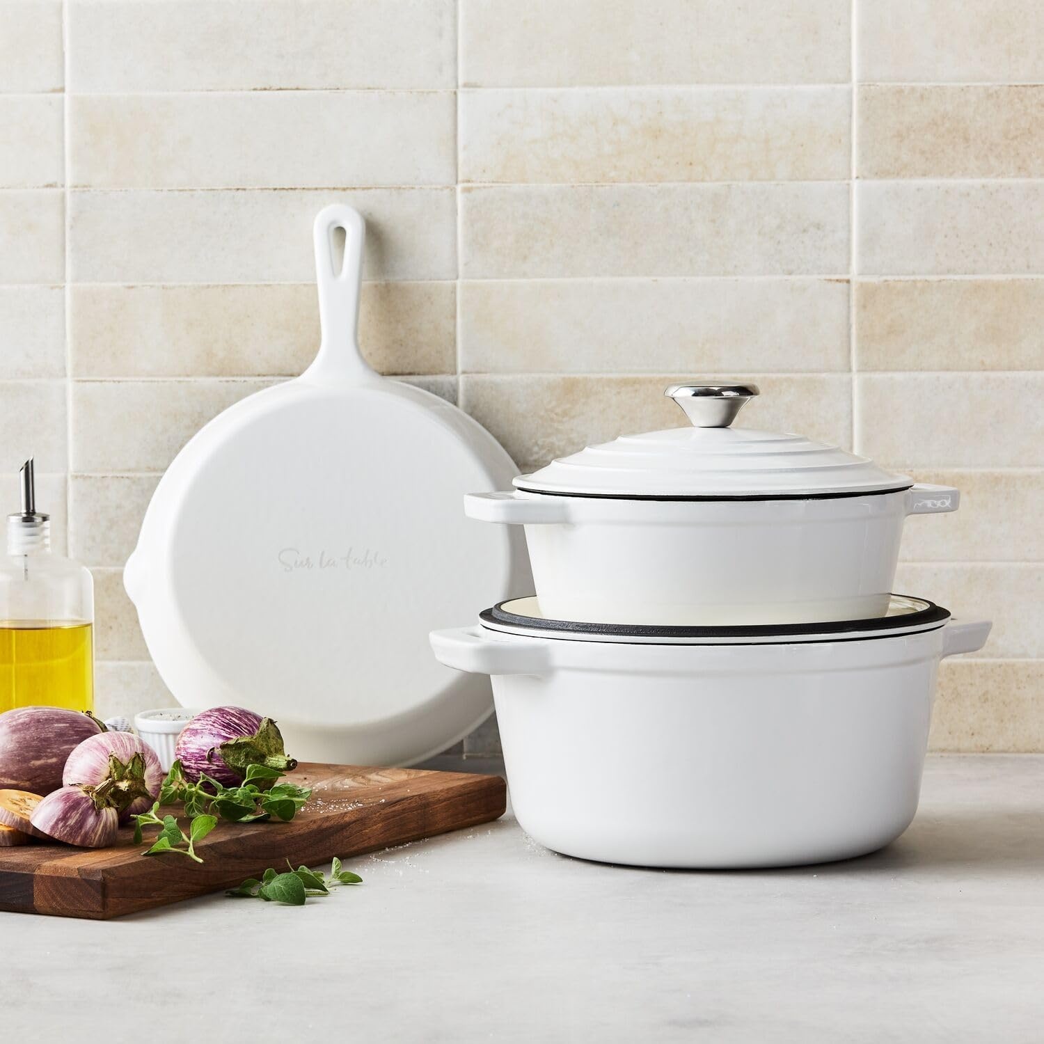 image:imageSur La Table Enameled Cast Iron Cookware Set Includes 5Qt amp 25Qt Dutch Ovens with Lids and 10 Skillet Oven to 500F Induction Compatible Essential Starter Gift Set BlueWhite