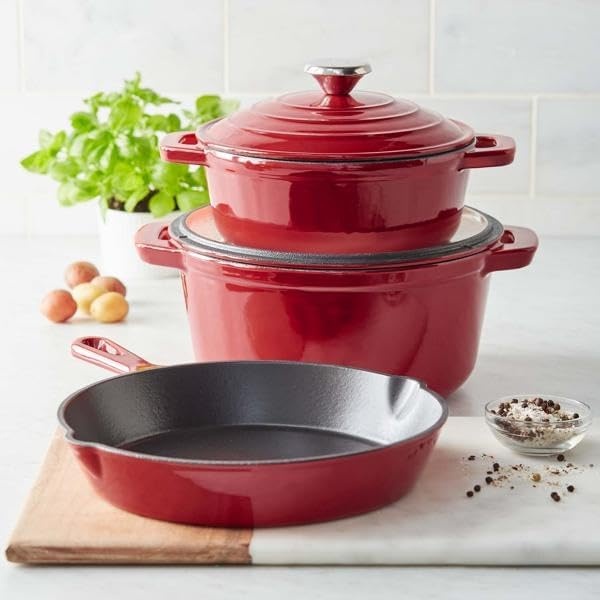 image:imageSur La Table Enameled Cast Iron Cookware Set Includes 5Qt amp 25Qt Dutch Ovens with Lids and 10 Skillet Oven to 500F Induction Compatible Essential Starter Gift Set BlueBlue