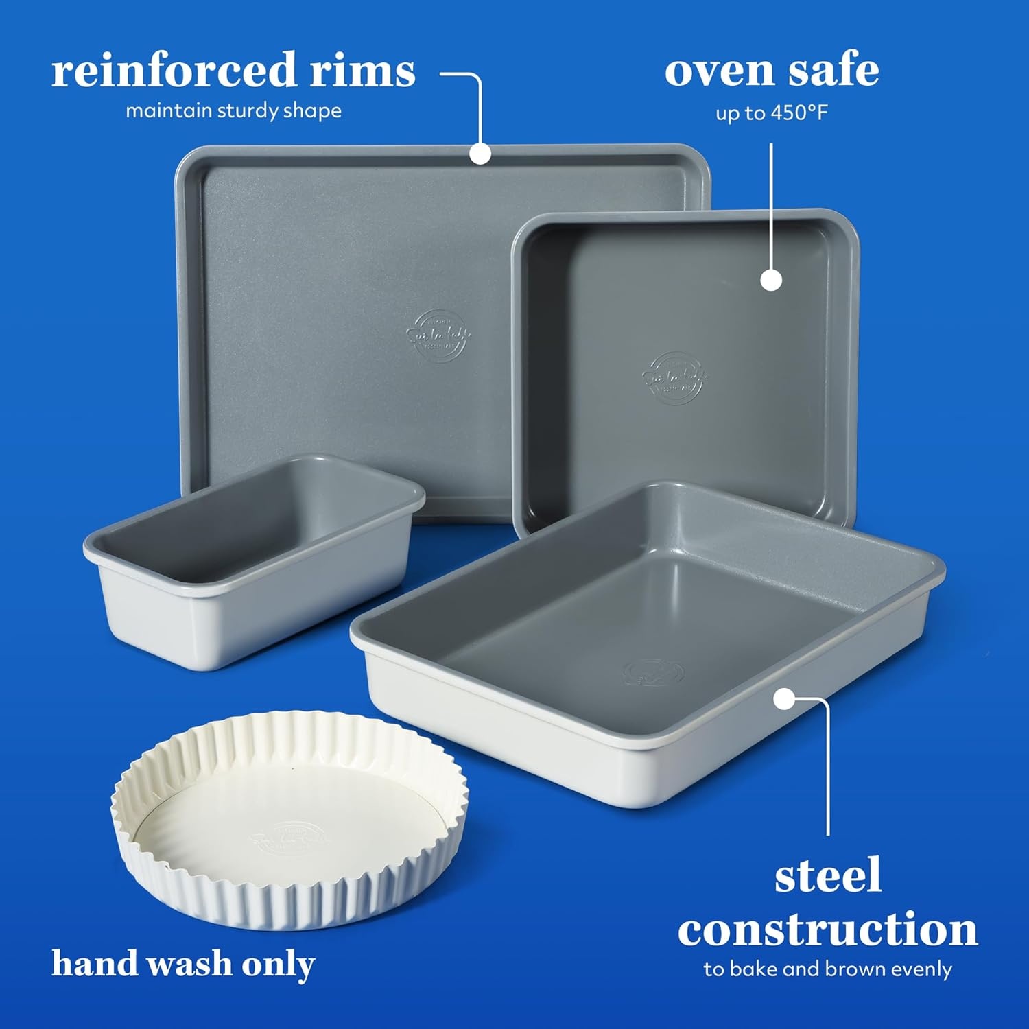 image:imageSur La Table Kitchen Essential Carbon Steel Baking Pans Bakeware Set WPremium PFOA PFAS PTFE Free Grey Nonstick Interior Black ExteriorLinen White