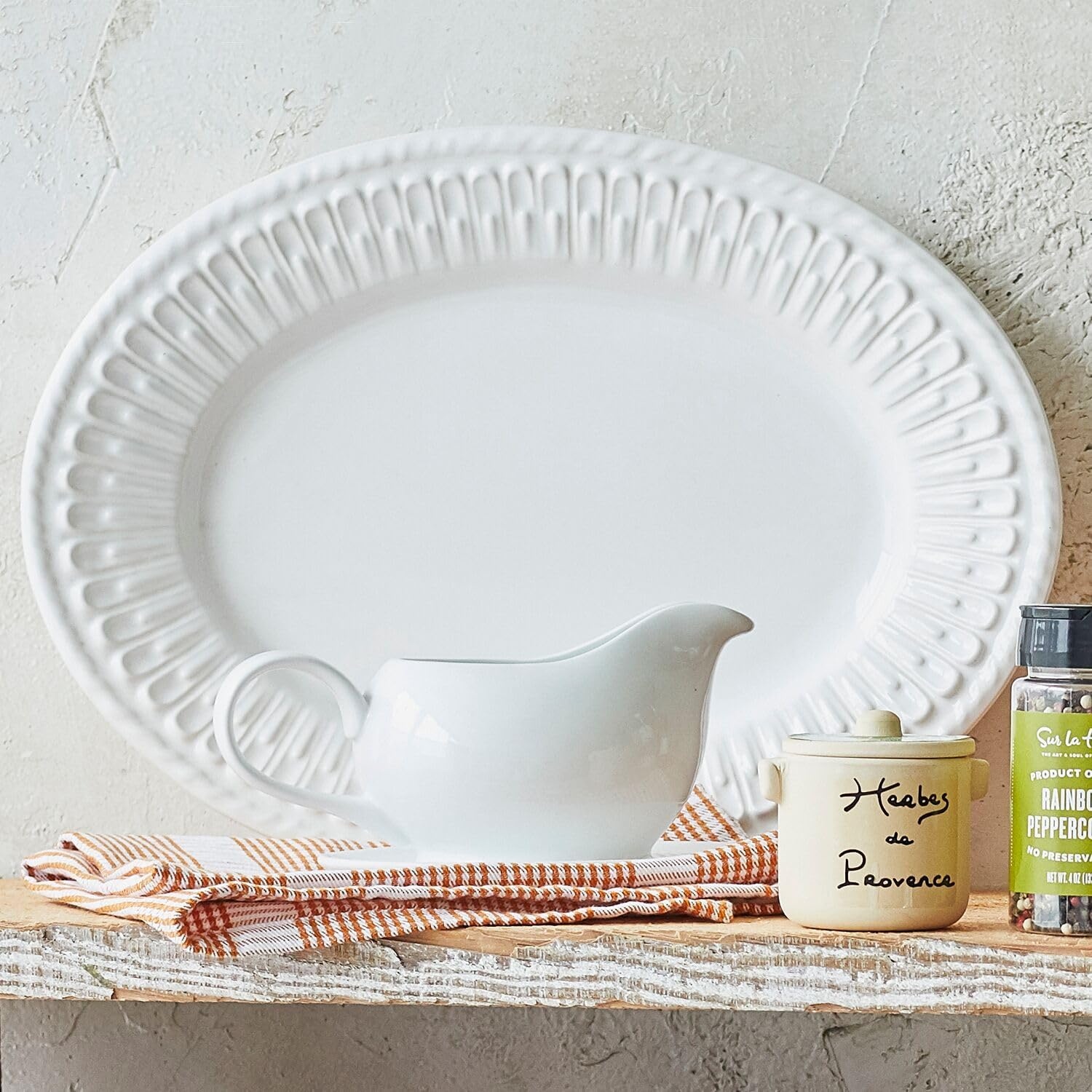 image:imageSur La Table Porcelain Gravy Boat with Saucer Classic White Lidded Vessel and DripCatching Saucer for Table Service