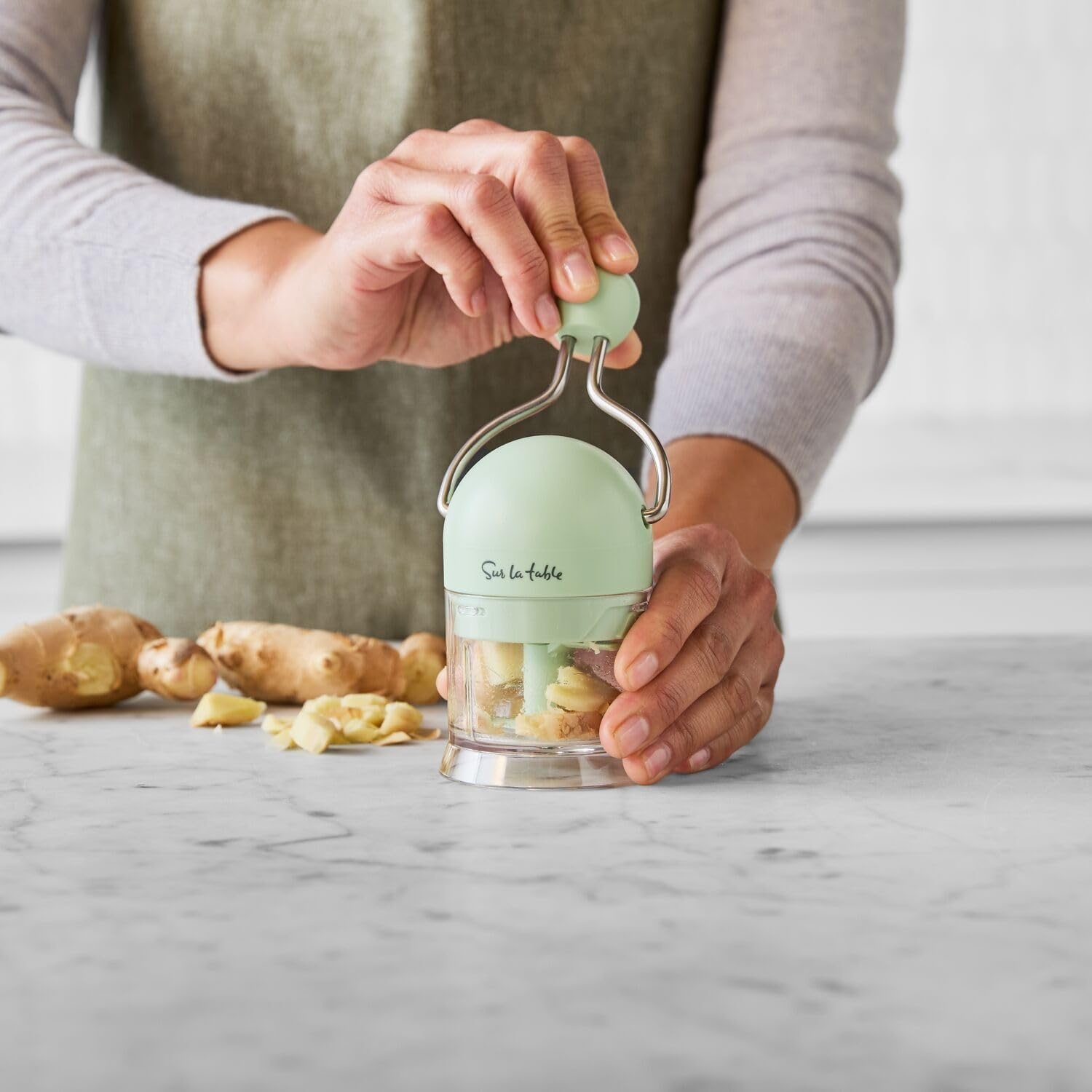 image:imageSur La Table Ratchet Garlic amp Ginger Chopper Sage HandsFree Ratchet Press for MessFree Mincing of Aromatics and Fresh Herbs