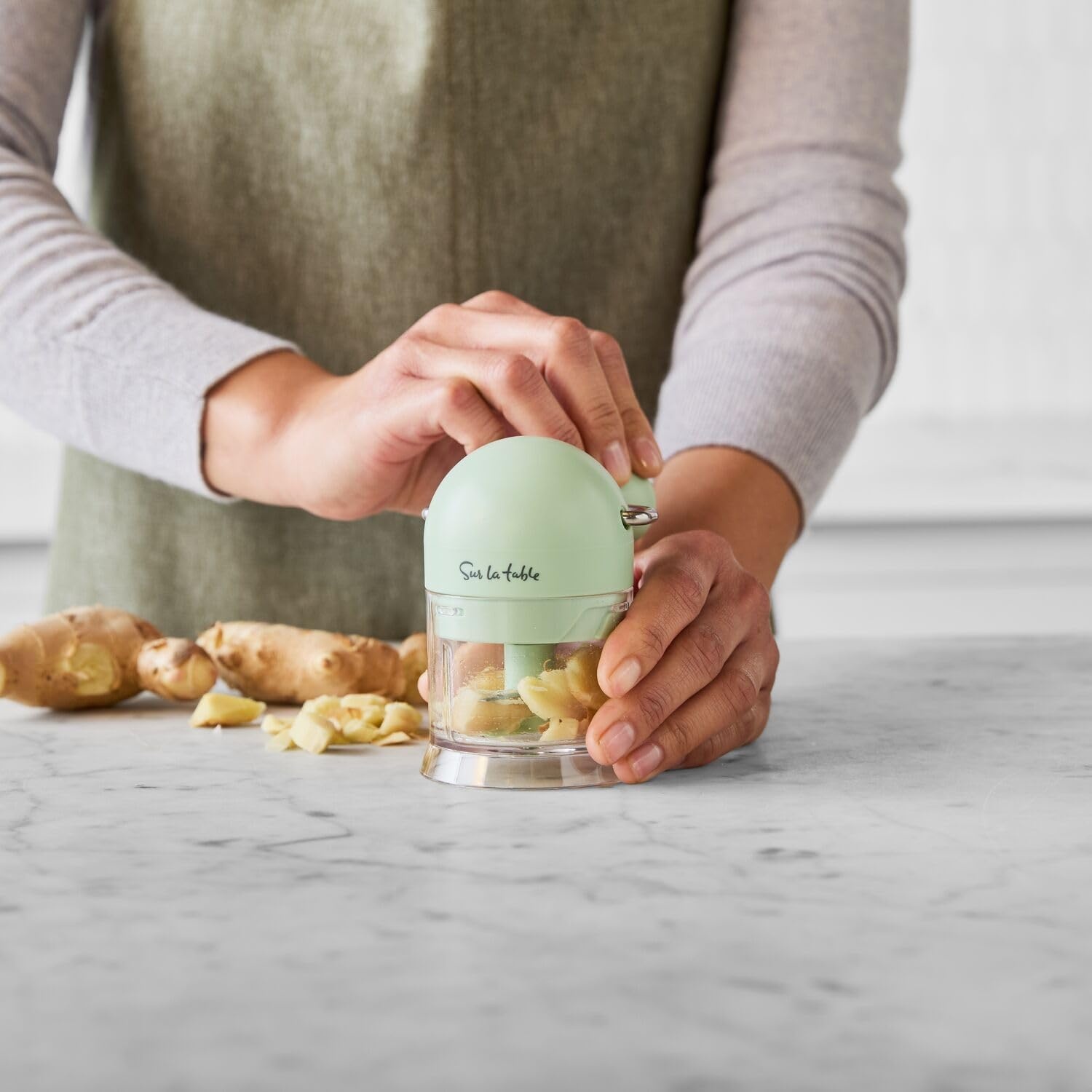 image:imageSur La Table Ratchet Garlic amp Ginger Chopper Sage HandsFree Ratchet Press for MessFree Mincing of Aromatics and Fresh Herbs