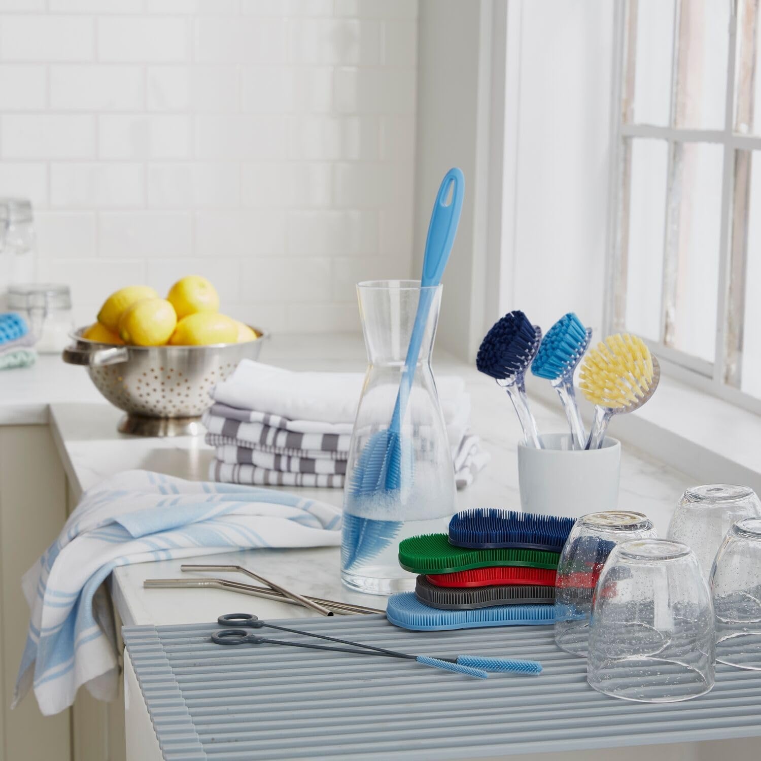image:imageSur La Table Striped Kitchen Towels Set of 3 Cool GrayLight Blue