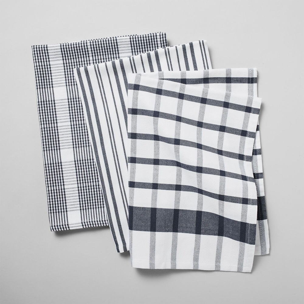 image:imageSur La Table Assorted Twill Kitchen Towels Cool Gray Set of 3 Mixed Coordinating Prints in Calm Neutral Tones for All Kitchen Tasks Set of 3Blueberry