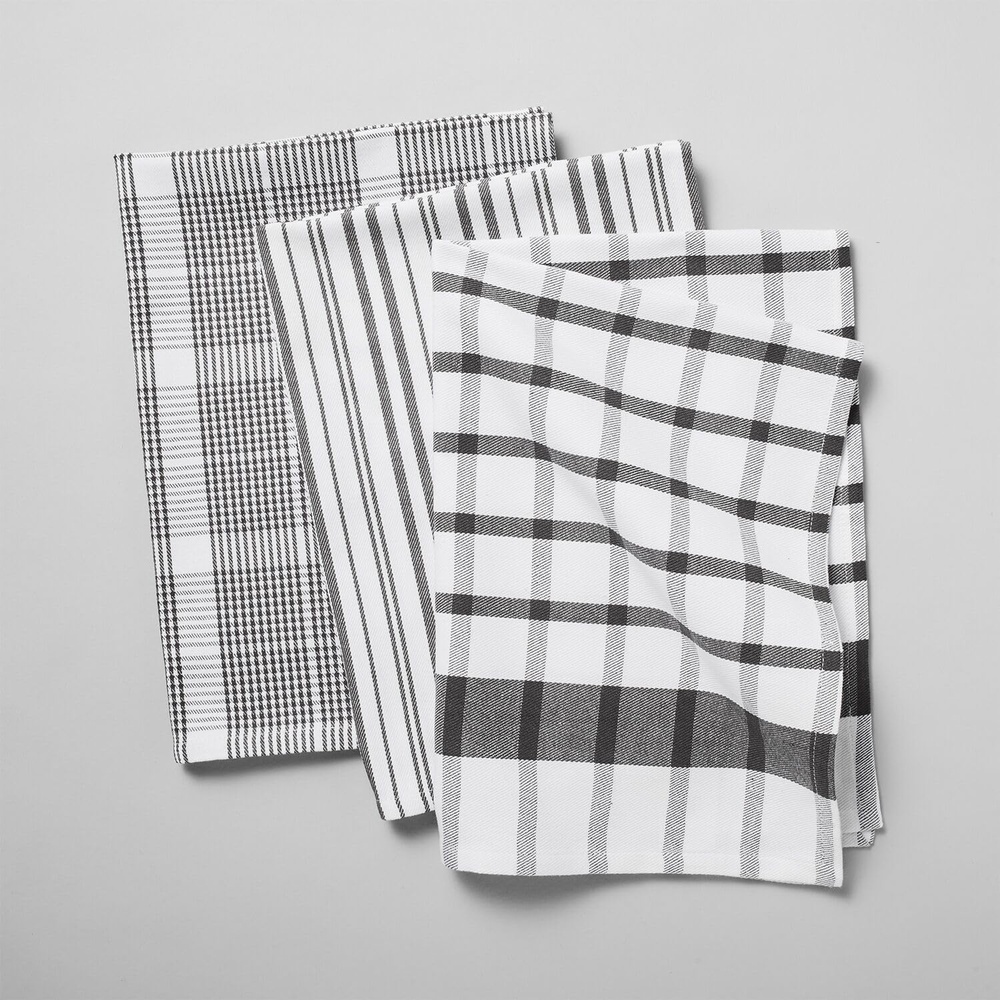 image:imageSur La Table Assorted Twill Kitchen Towels Cool Gray Set of 3 Mixed Coordinating Prints in Calm Neutral Tones for All Kitchen Tasks Set of 3Sardine