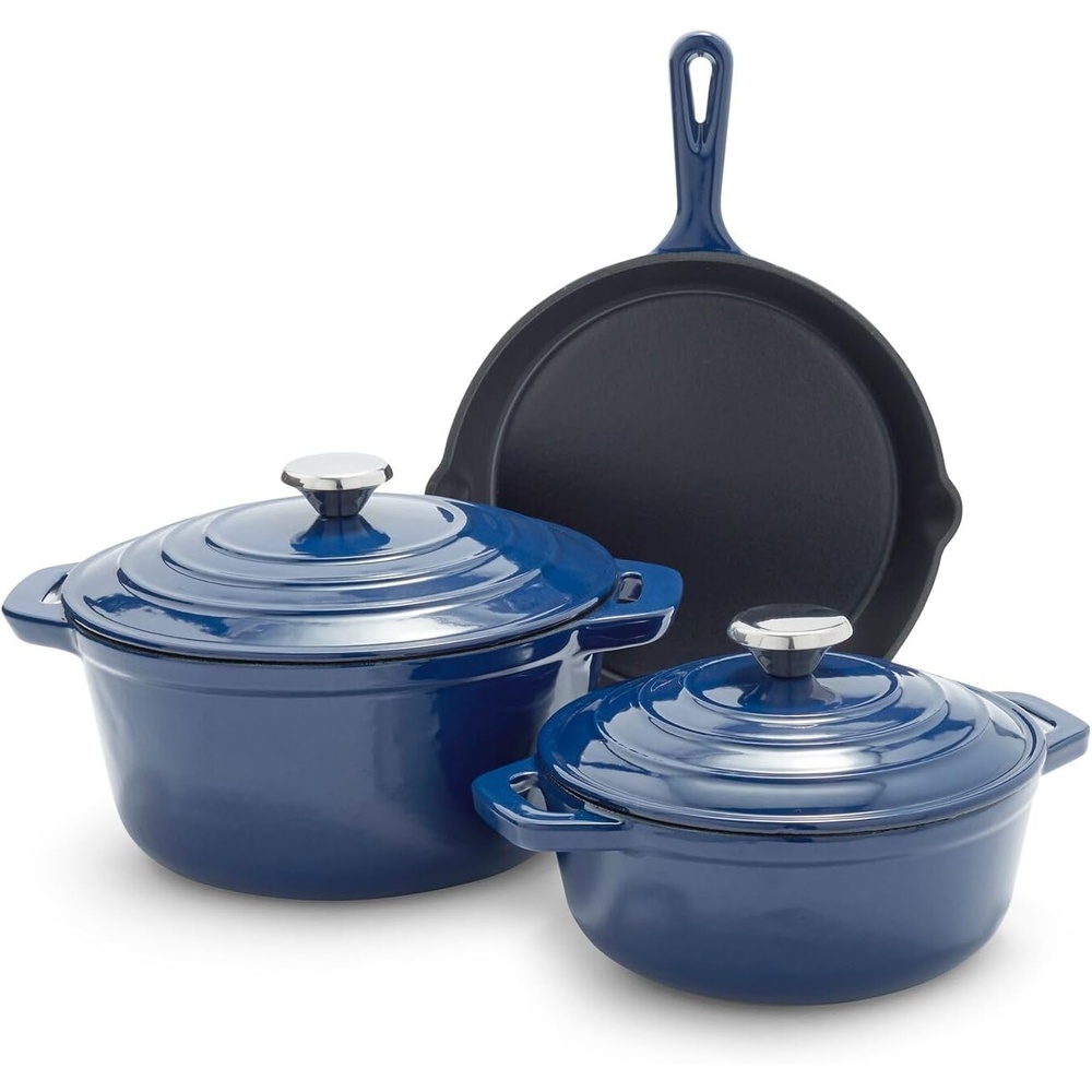 image:imageSur La Table Enameled Cast Iron Cookware Set Includes 5Qt amp 25Qt Dutch Ovens with Lids and 10 Skillet Oven to 500F Induction Compatible Essential Starter Gift Set BlueBlue