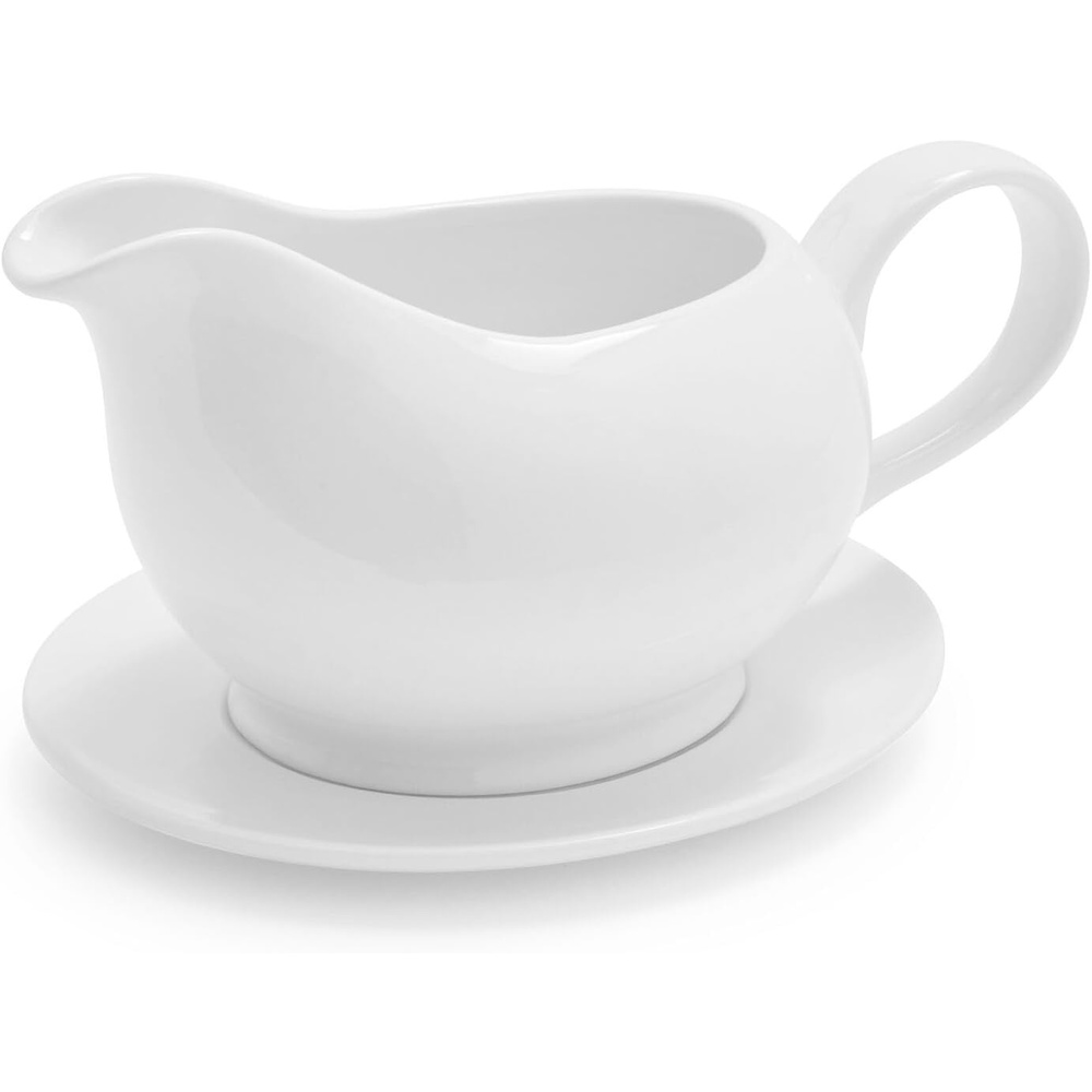 image:imageSur La Table Porcelain Gravy Boat with Saucer Classic White Lidded Vessel and DripCatching Saucer for Table Service