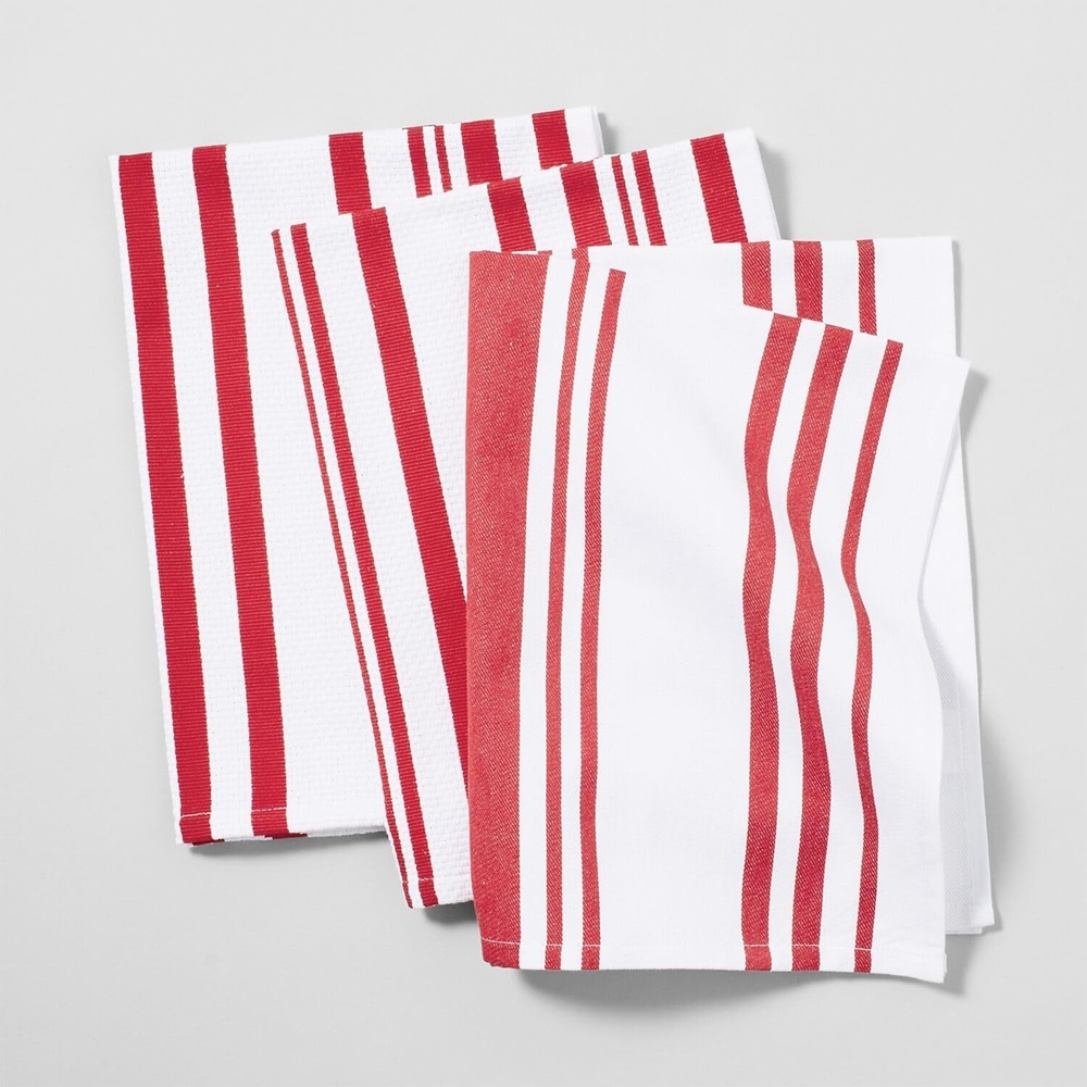 image:imageSur La Table Striped Kitchen Towels Set of 3 Cool GrayRuby Red