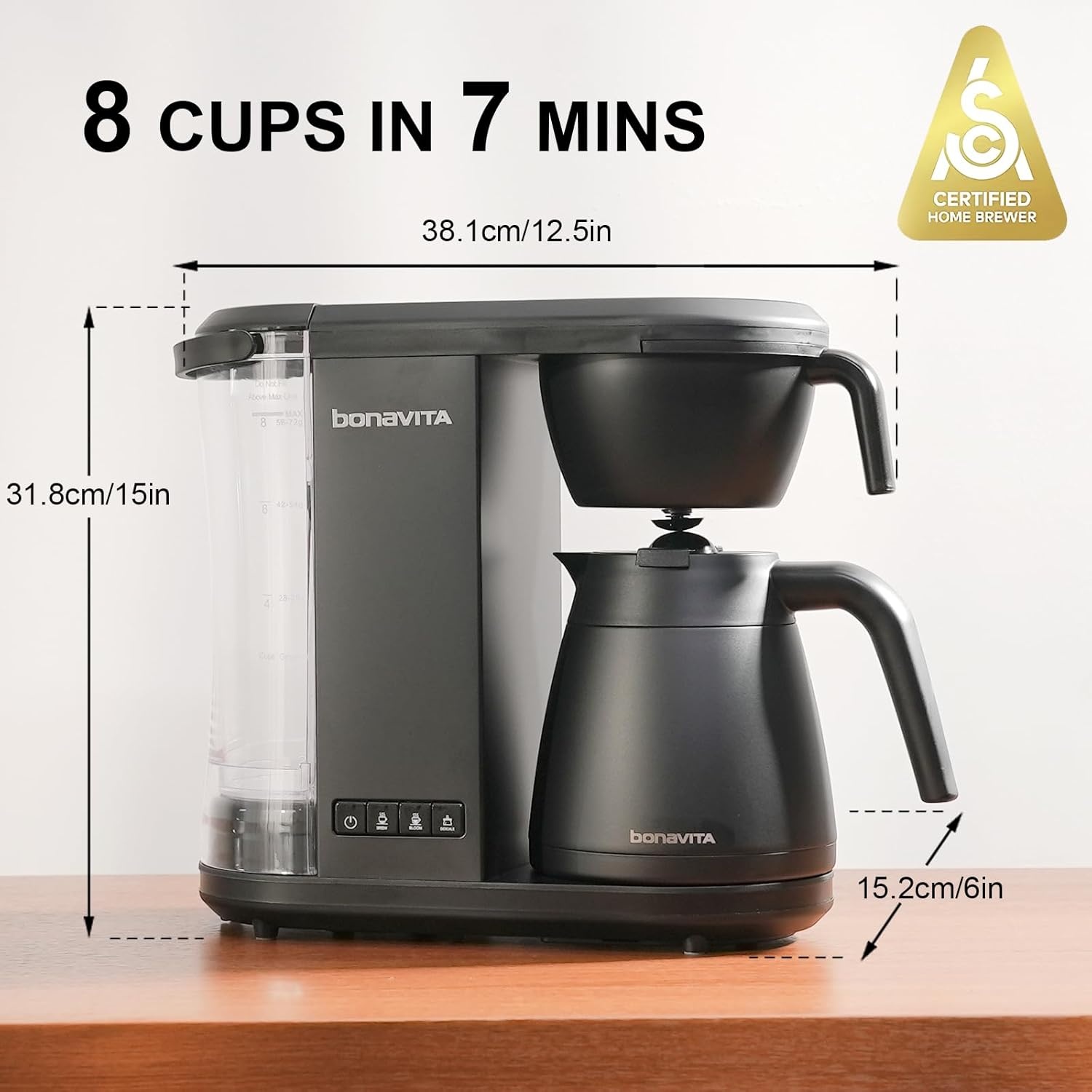 image:imageBonavita Enthusiast 8 Cup Drip Coffee Brewer Pour Over SCA Certified Coffee Machine with Thermal Carafe Stainless Steel Panel Removable ReservoirMatte Black