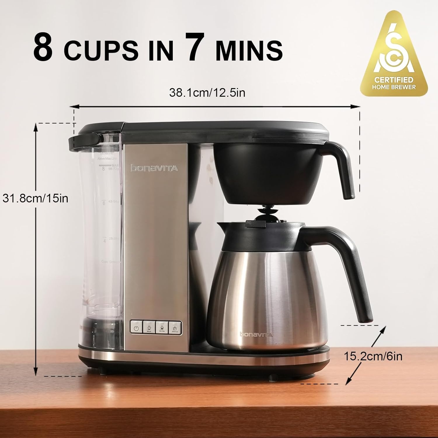 image:imageBonavita Enthusiast 8 Cup Drip Coffee Brewer Pour Over SCA Certified Coffee Machine with Thermal Carafe Stainless Steel Panel Removable ReservoirSilver