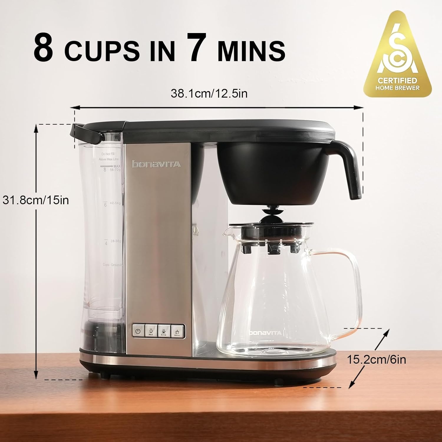 image:imageBonavita Enthusiast 8 Cup Drip Coffee Brewer Pour Over SCA Certified Coffee Machine with Thermal Carafe Stainless Steel Panel Removable ReservoirSilver