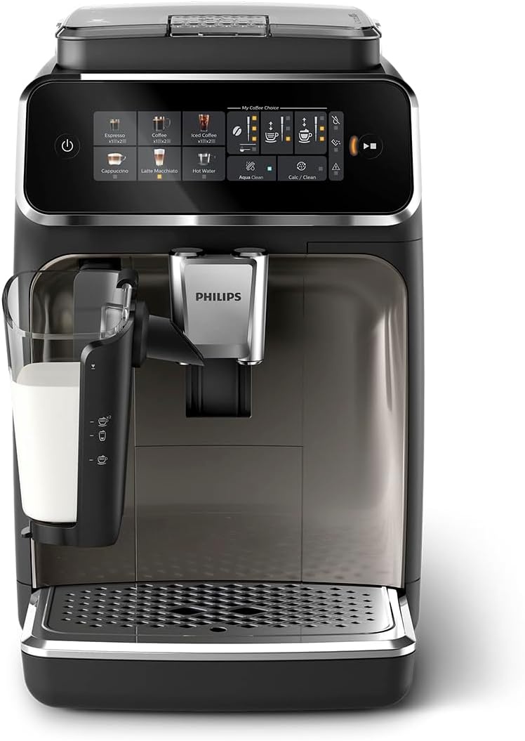 image:imagePhilips 3300 Series Fully Automatic Espresso Machine with integrated milk frother and grinder 5 Hot amp Iced Coffee PreSets 40 Quieter SilentBrew 15Bar Pressure Glossy Black EP332690Glossy Black Ep 3347 90