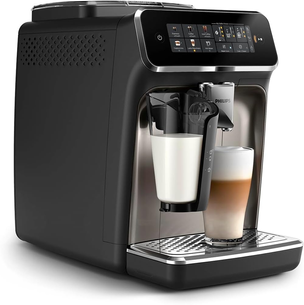 image:imagePhilips 3300 Series Fully Automatic Espresso Machine with integrated milk frother and grinder 5 Hot amp Iced Coffee PreSets 40 Quieter SilentBrew 15Bar Pressure Glossy Black EP332690Glossy Black Ep 3347 90