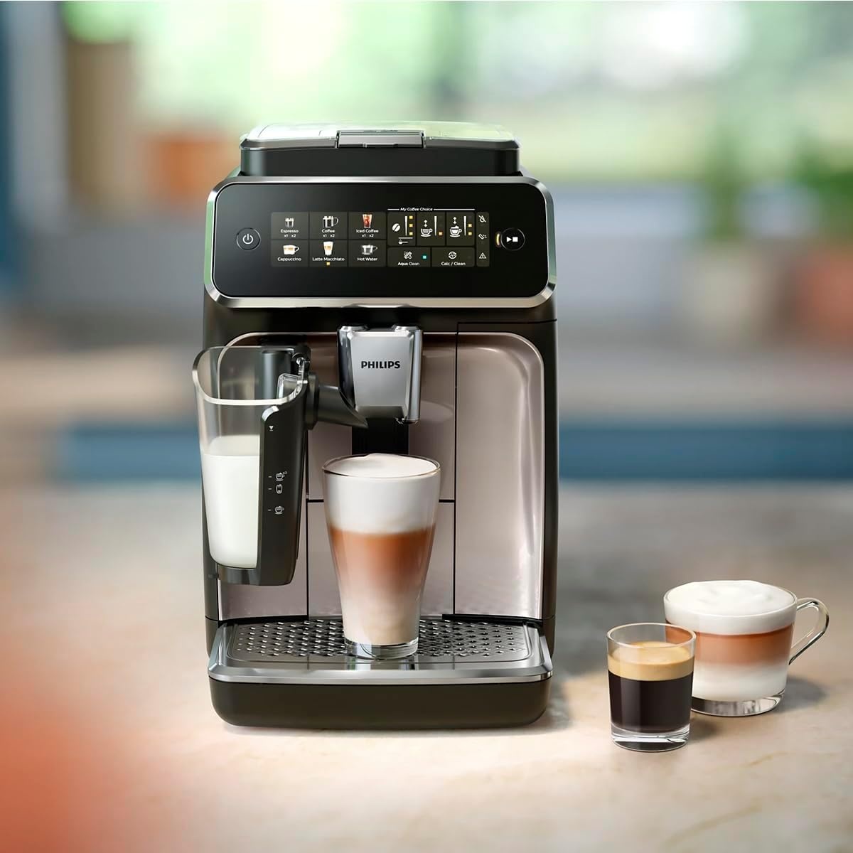 image:imagePhilips 3300 Series Fully Automatic Espresso Machine with integrated milk frother and grinder 5 Hot amp Iced Coffee PreSets 40 Quieter SilentBrew 15Bar Pressure Glossy Black EP332690Glossy Black Ep 3347 90