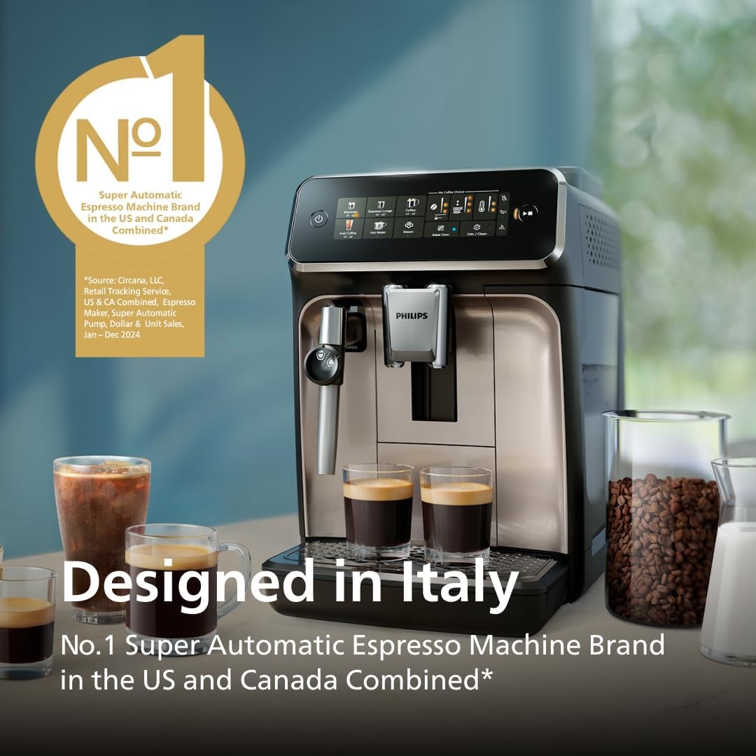 image:imagePhilips 3300 Series Fully Automatic Espresso Machine with integrated milk frother and grinder 5 Hot amp Iced Coffee PreSets 40 Quieter SilentBrew 15Bar Pressure Glossy Black EP332690Black Chrome