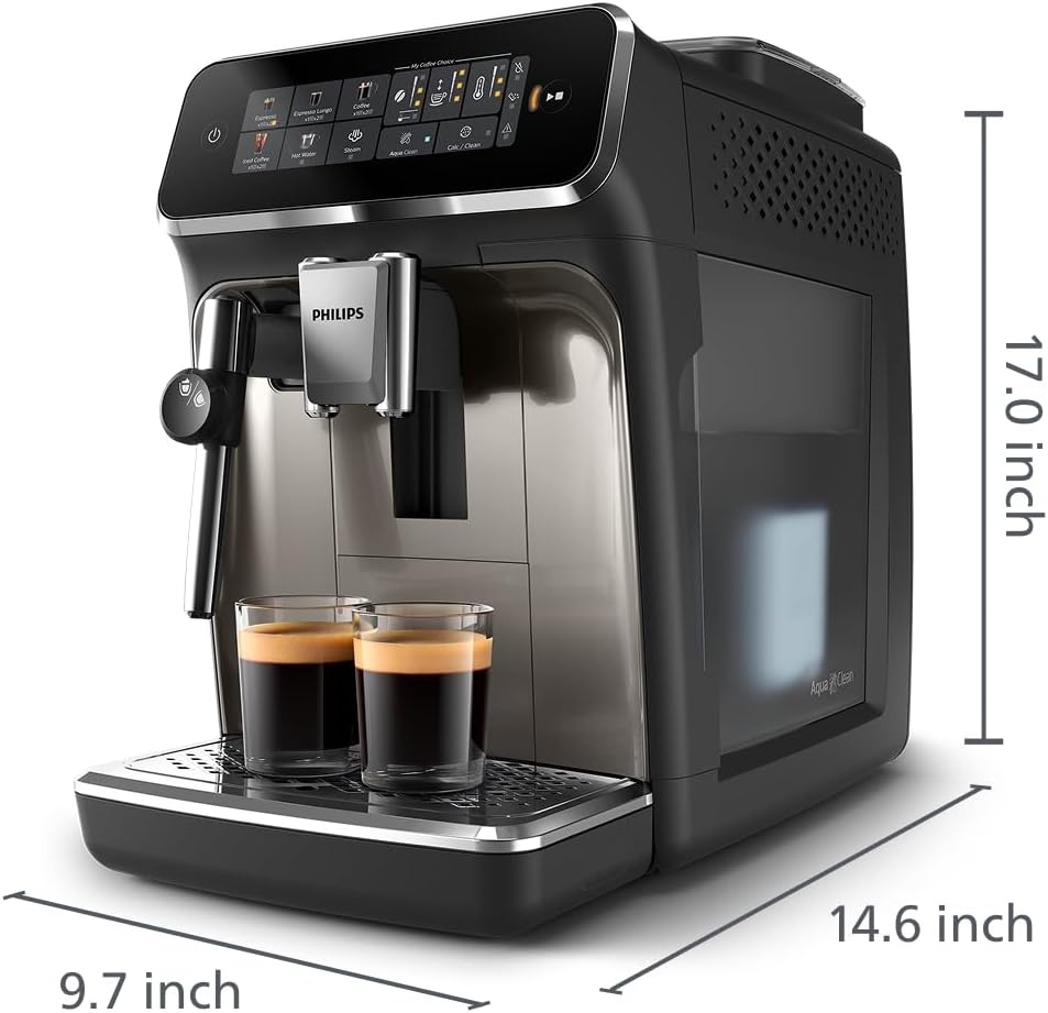 image:imagePhilips 3300 Series Fully Automatic Espresso Machine with integrated milk frother and grinder 5 Hot amp Iced Coffee PreSets 40 Quieter SilentBrew 15Bar Pressure Glossy Black EP332690Black Chrome