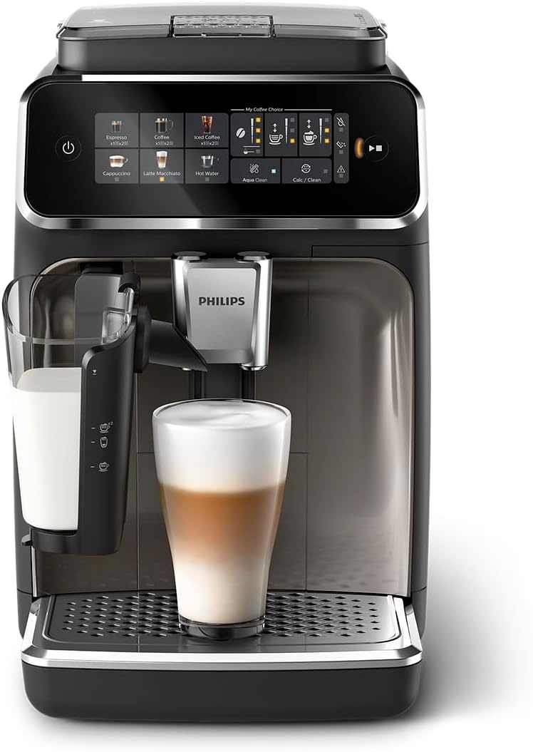 image:imagePhilips 3300 Series Fully Automatic Espresso Machine with integrated milk frother and grinder 5 Hot amp Iced Coffee PreSets 40 Quieter SilentBrew 15Bar Pressure Glossy Black EP332690Glossy Black Ep 3347 90
