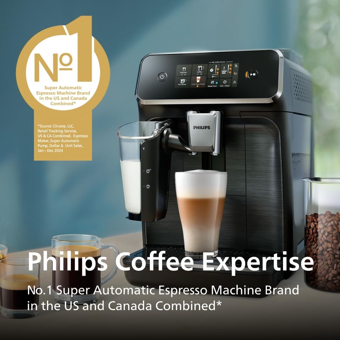 image:imagePhilips 3300 Series Fully Automatic Espresso Machine with integrated milk frother and grinder 5 Hot amp Iced Coffee PreSets 40 Quieter SilentBrew 15Bar Pressure Glossy Black EP332690Glossy Black Ep 3341 50