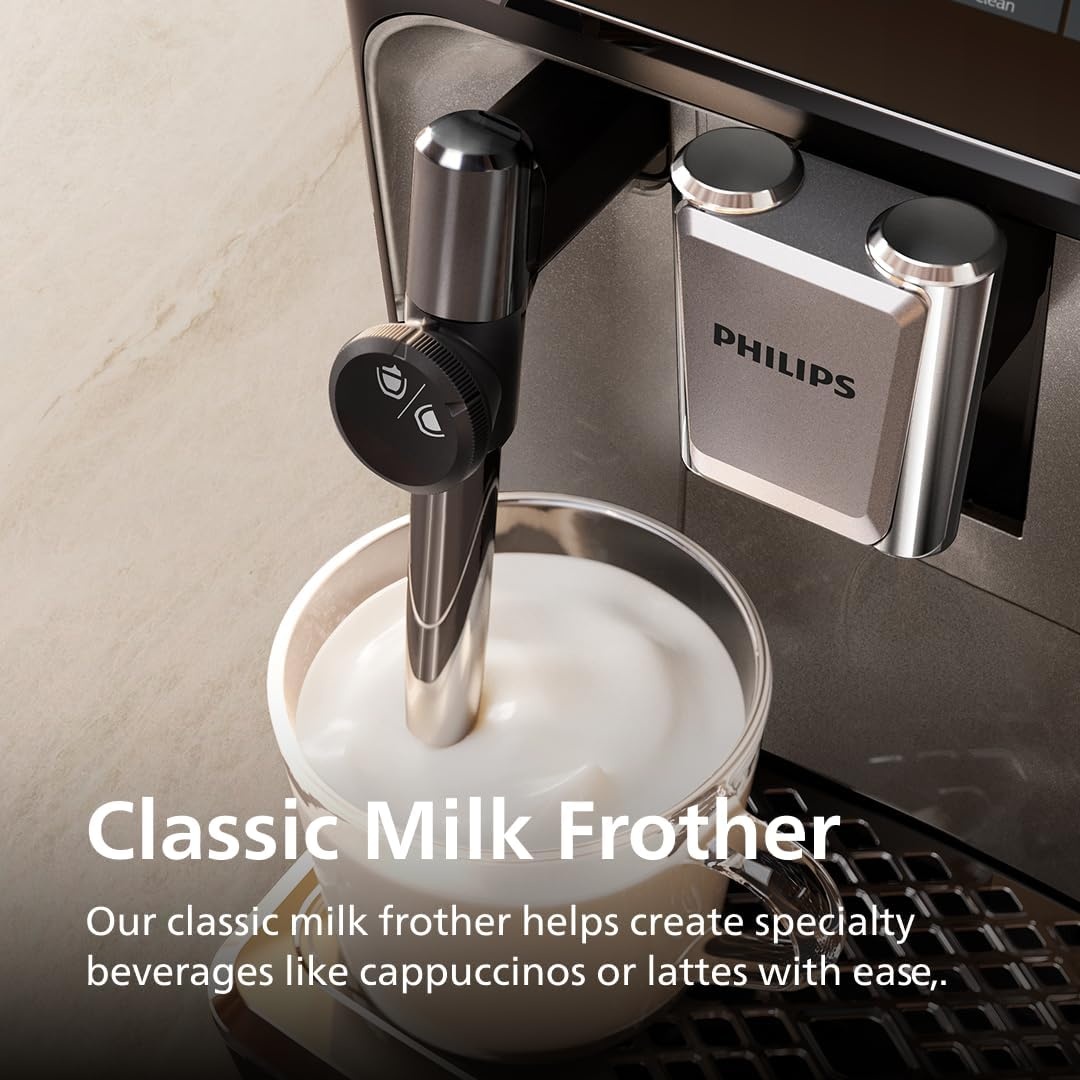 image:imagePhilips 3300 Series Fully Automatic Espresso Machine with integrated milk frother and grinder 5 Hot amp Iced Coffee PreSets 40 Quieter SilentBrew 15Bar Pressure Glossy Black EP332690Black Chrome