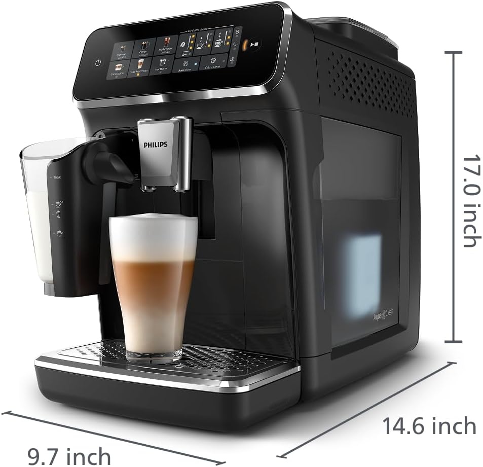 image:imagePhilips 3300 Series Fully Automatic Espresso Machine with integrated milk frother and grinder 5 Hot amp Iced Coffee PreSets 40 Quieter SilentBrew 15Bar Pressure Glossy Black EP332690Glossy Black Ep 3341 50