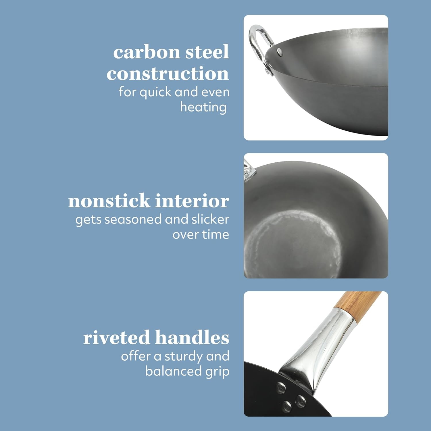 image:imageSUR LA TABLE Kitchen Essentials Quick Fire 135 Carbon Steel Flat Bottom Wok Durable Nonstick Stir Fry Pan