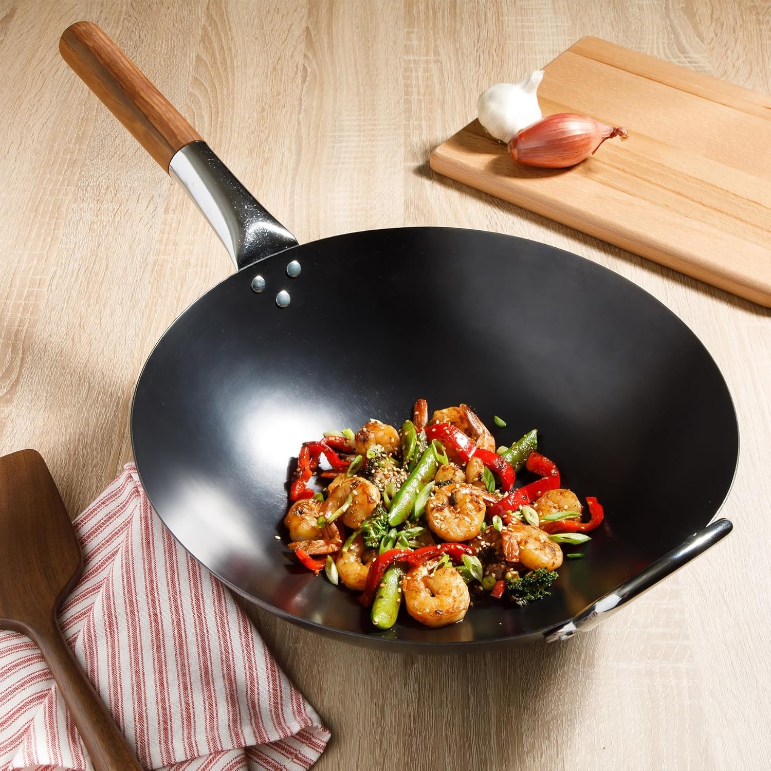 image:imageSUR LA TABLE Kitchen Essentials Quick Fire 135 Carbon Steel Flat Bottom Wok Durable Nonstick Stir Fry Pan