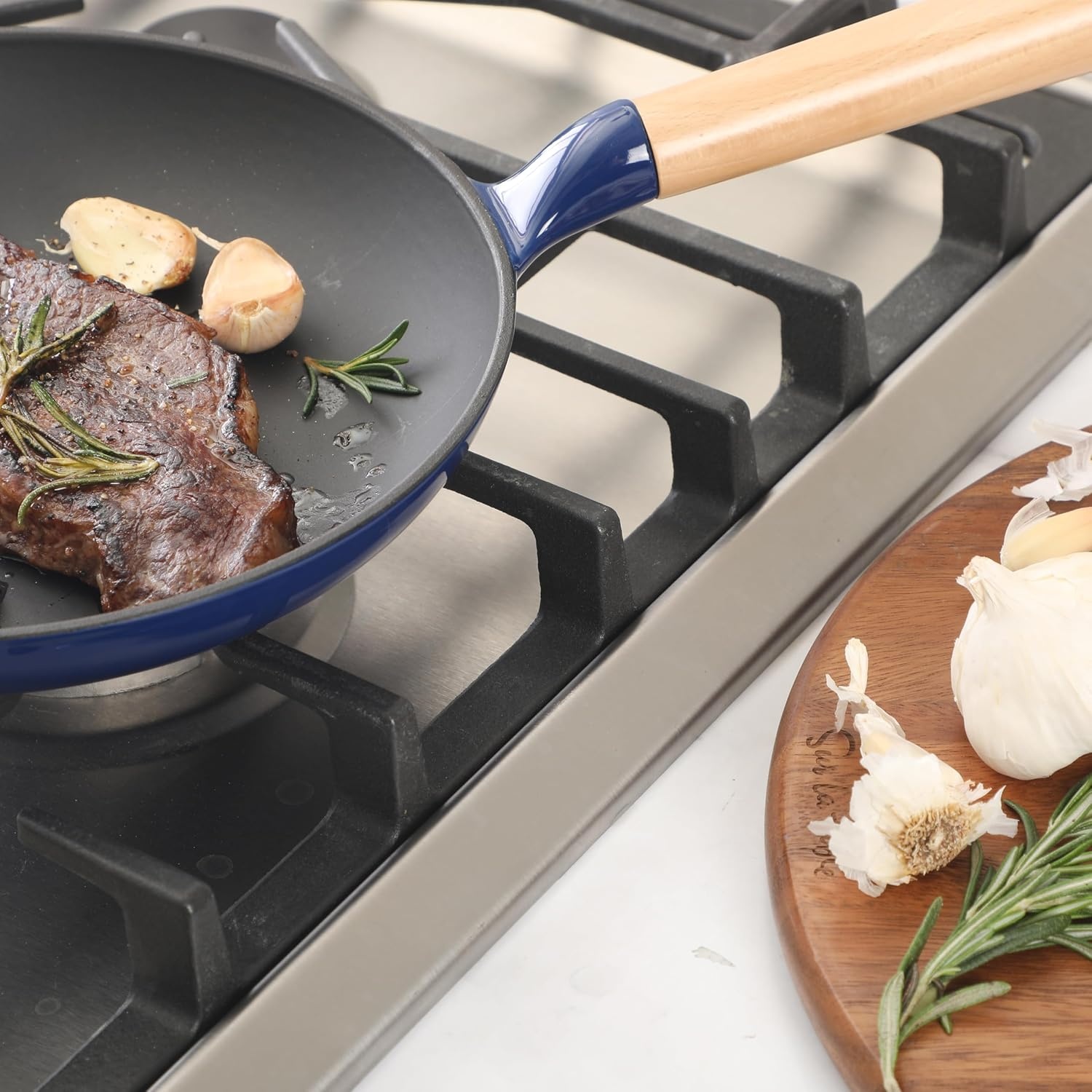 image:imageSur La Table Kitchen Essential Main Canteen 95 PreSeasoned Cast Iron Skillet wWood Handle Natural Nonstick Lightweight Frying Pan for Searing Sauting amp Everyday Cooking BlueBlue Skillet