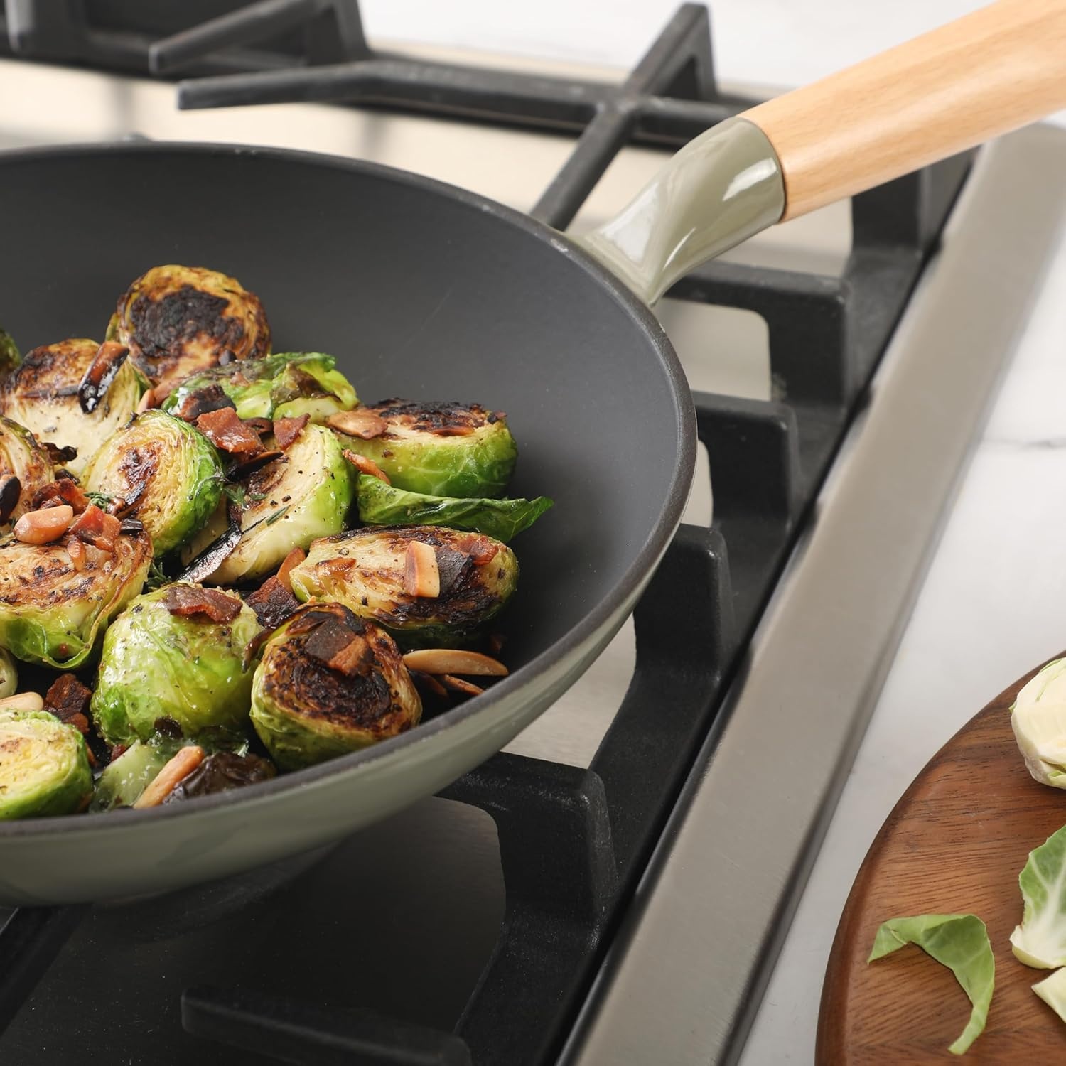image:imageSur La Table Kitchen Essential Main Canteen 95 PreSeasoned Cast Iron Skillet wWood Handle Natural Nonstick Lightweight Frying Pan for Searing Sauting amp Everyday Cooking BlueJuniper Green Skillet