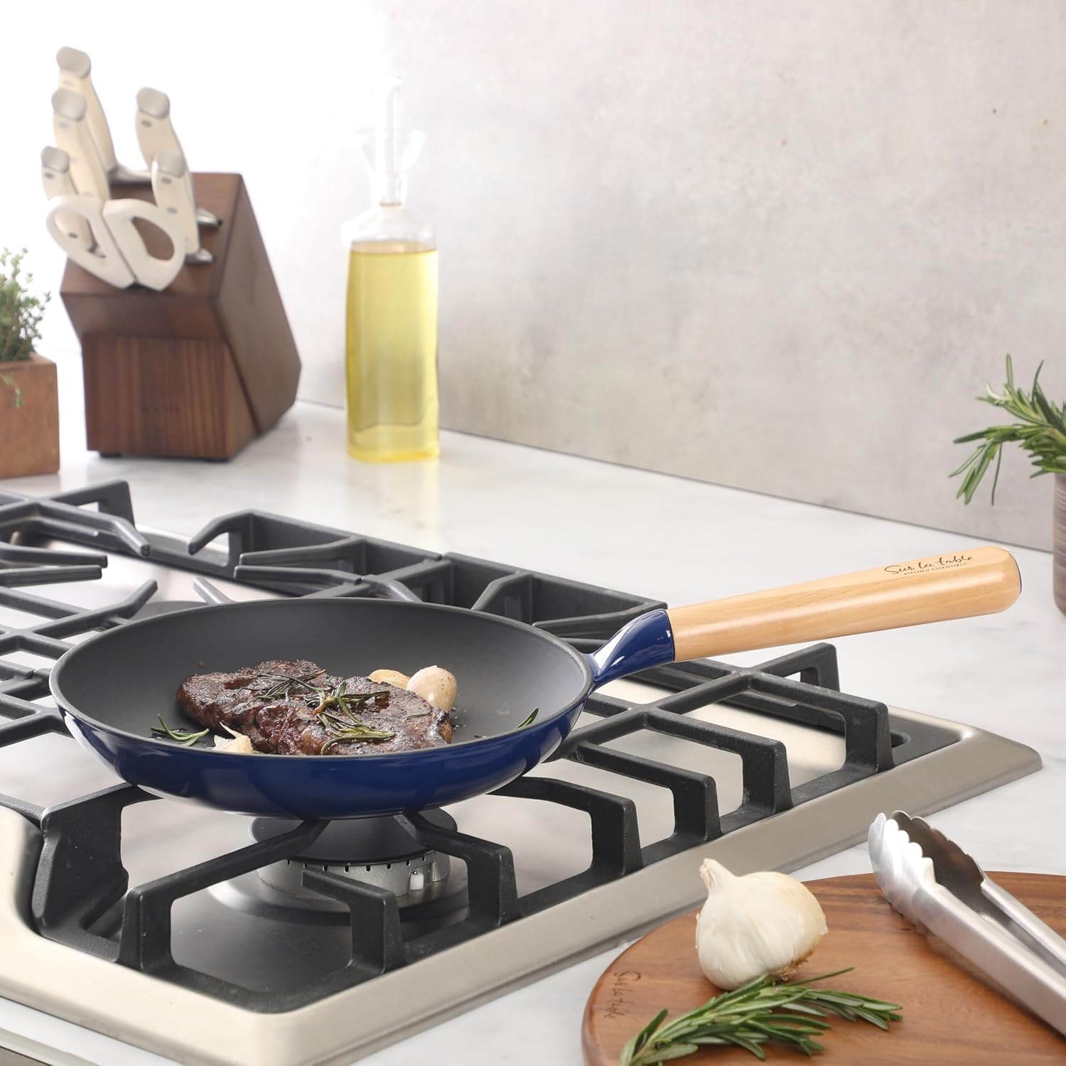 image:imageSur La Table Kitchen Essential Main Canteen 95 PreSeasoned Cast Iron Skillet wWood Handle Natural Nonstick Lightweight Frying Pan for Searing Sauting amp Everyday Cooking BlueBlue Skillet