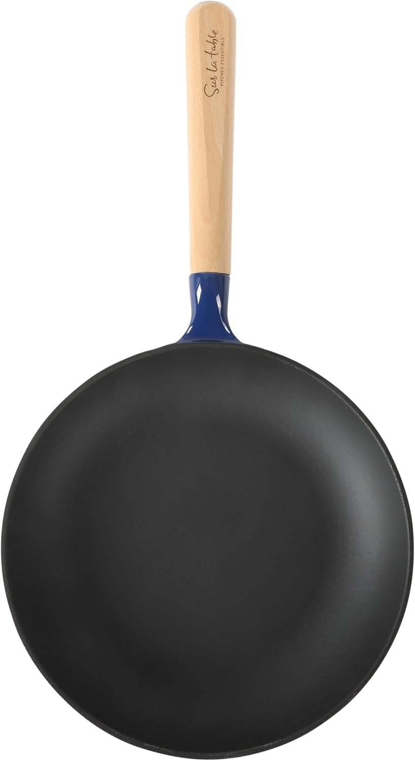 image:imageSur La Table Kitchen Essential Main Canteen 95 PreSeasoned Cast Iron Skillet wWood Handle Natural Nonstick Lightweight Frying Pan for Searing Sauting amp Everyday Cooking BlueBlue Skillet