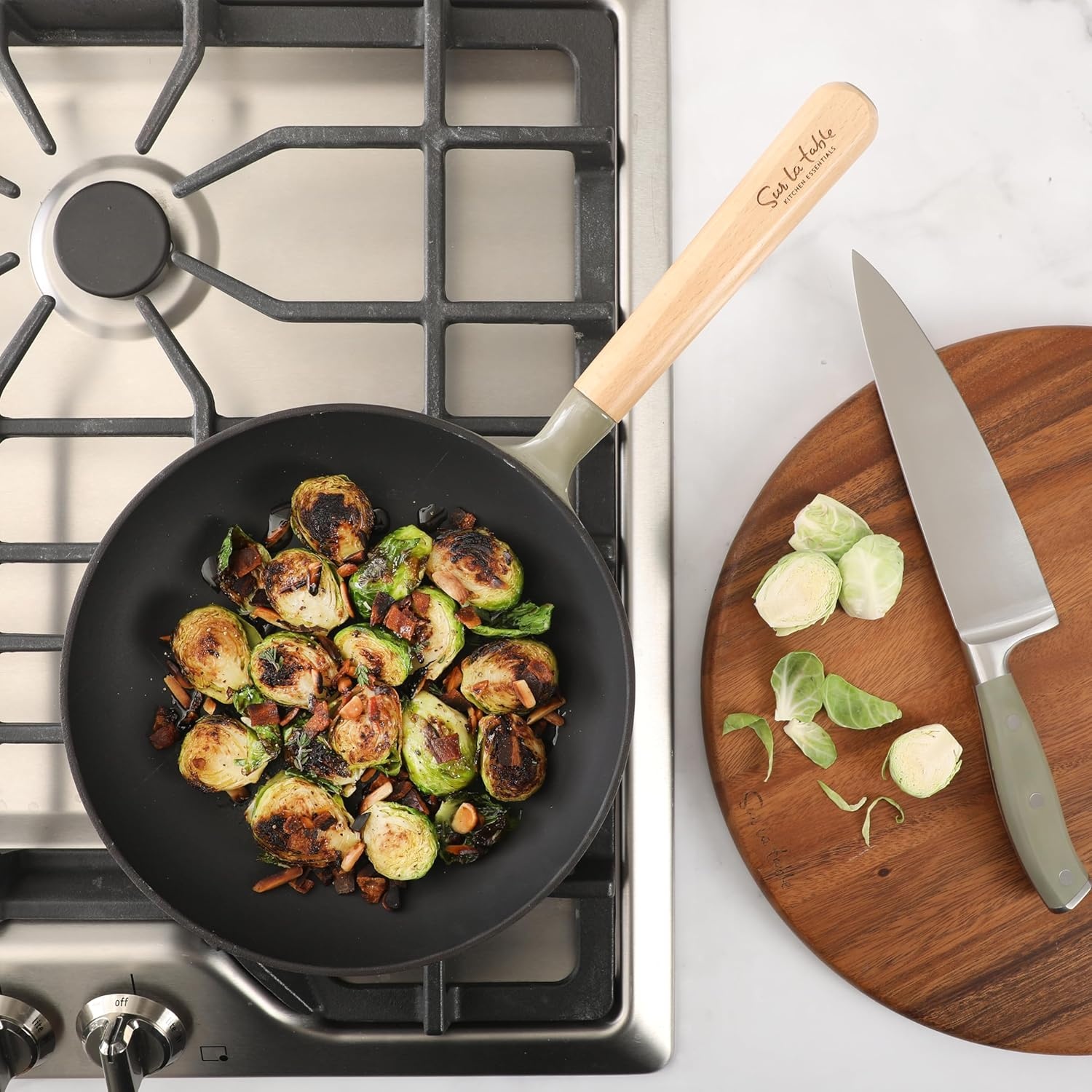 image:imageSur La Table Kitchen Essential Main Canteen 95 PreSeasoned Cast Iron Skillet wWood Handle Natural Nonstick Lightweight Frying Pan for Searing Sauting amp Everyday Cooking BlueJuniper Green Skillet