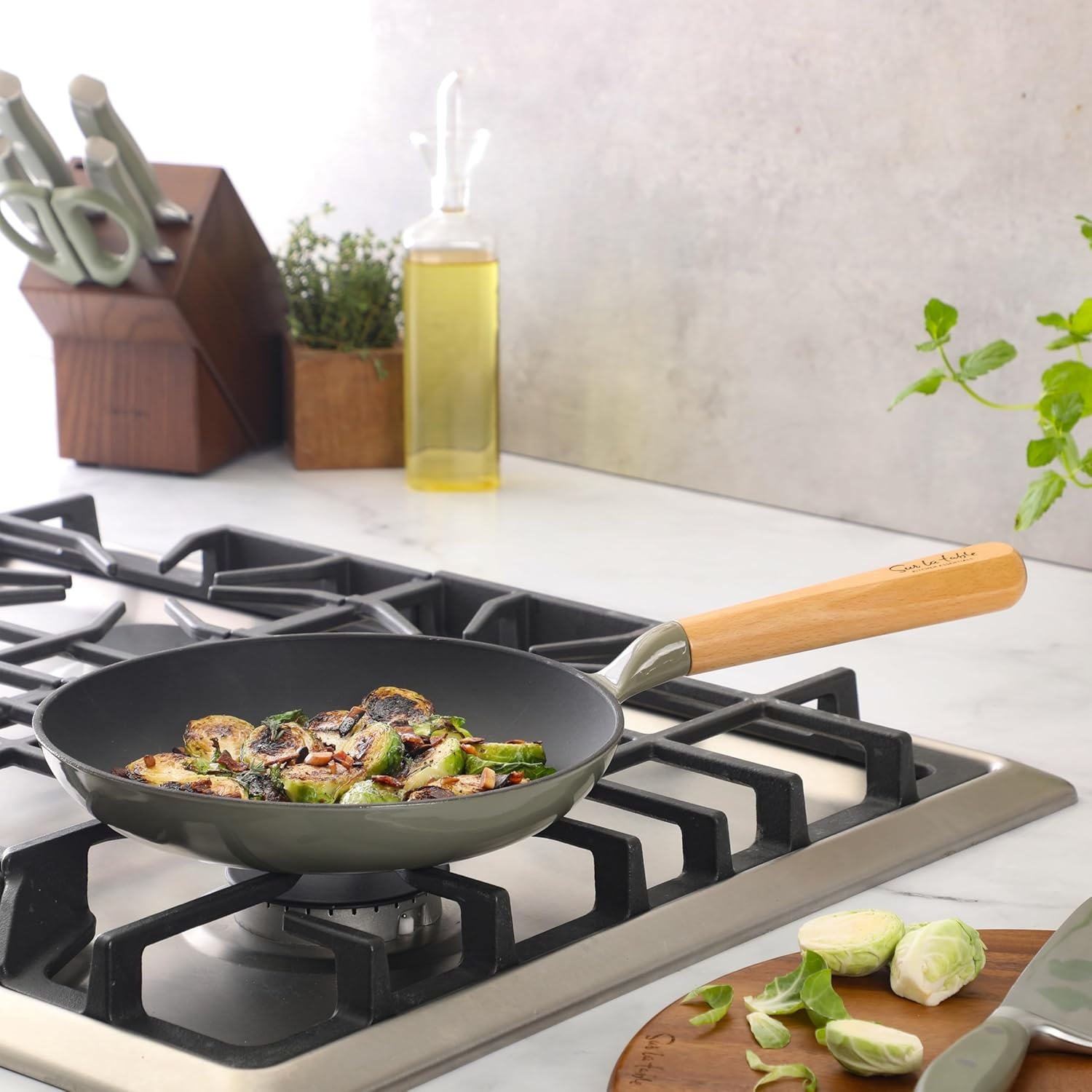 image:imageSur La Table Kitchen Essential Main Canteen 95 PreSeasoned Cast Iron Skillet wWood Handle Natural Nonstick Lightweight Frying Pan for Searing Sauting amp Everyday Cooking BlueJuniper Green Skillet