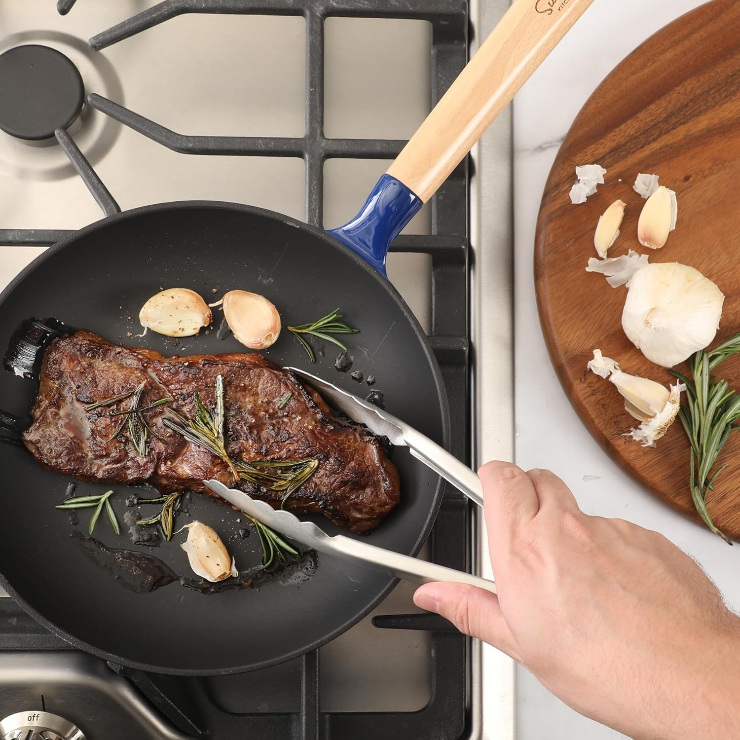 image:imageSur La Table Kitchen Essential Main Canteen 95 PreSeasoned Cast Iron Skillet wWood Handle Natural Nonstick Lightweight Frying Pan for Searing Sauting amp Everyday Cooking BlueBlue Skillet