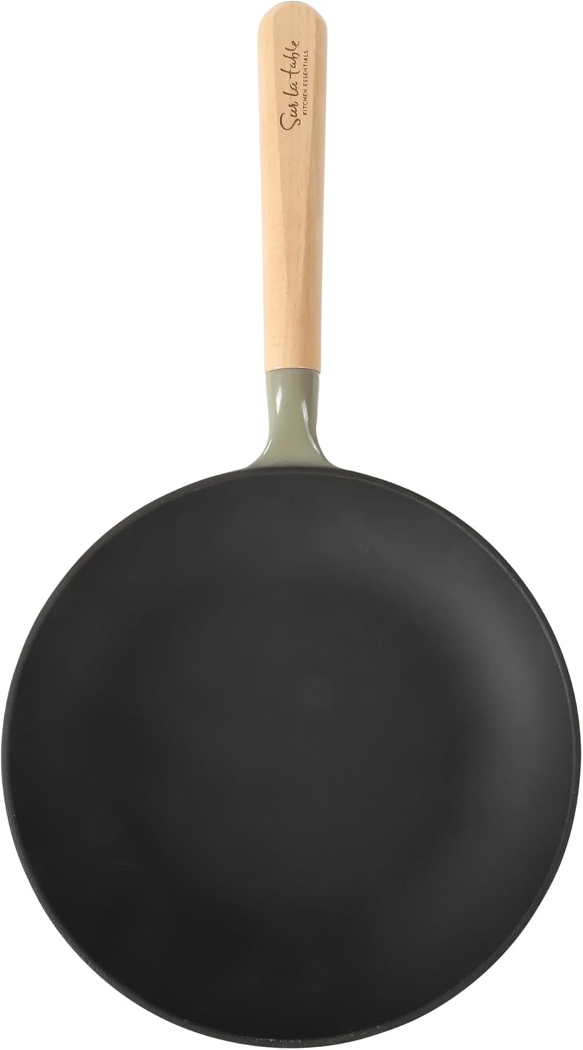 image:imageSur La Table Kitchen Essential Main Canteen 95 PreSeasoned Cast Iron Skillet wWood Handle Natural Nonstick Lightweight Frying Pan for Searing Sauting amp Everyday Cooking BlueJuniper Green Skillet